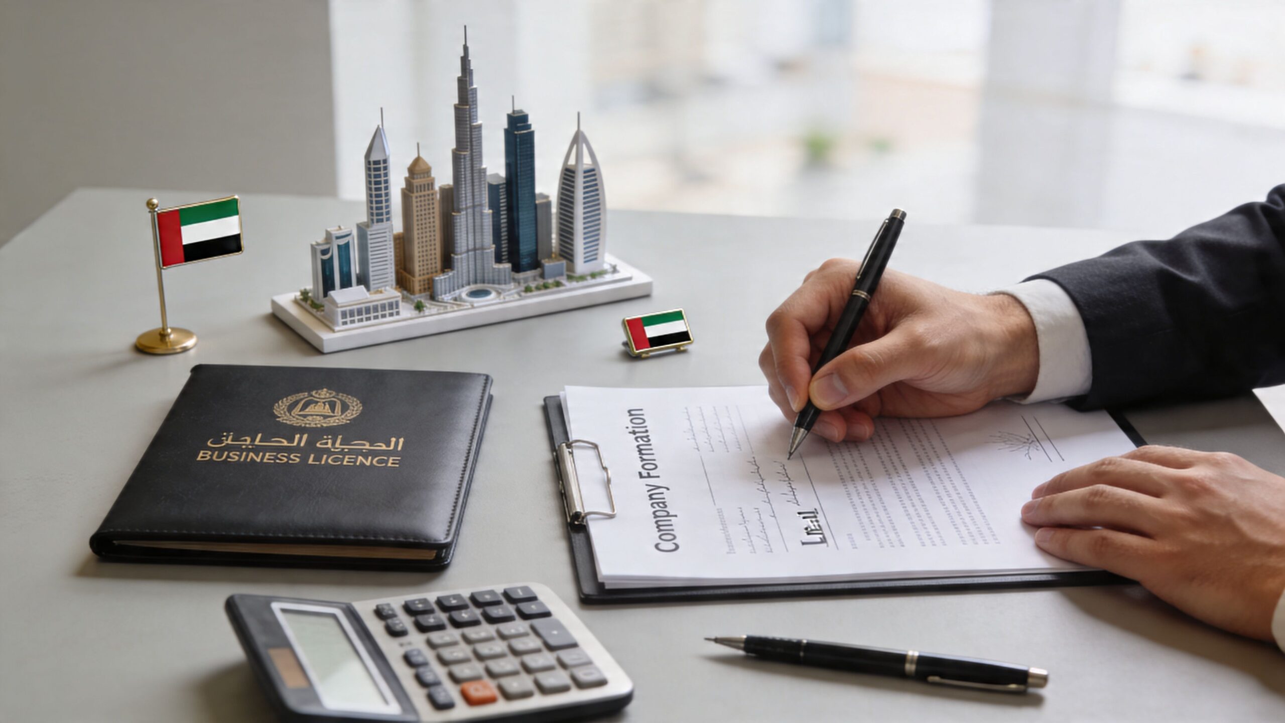 A businessman signing company formation documents on a desk with UAE flag models and a business license.