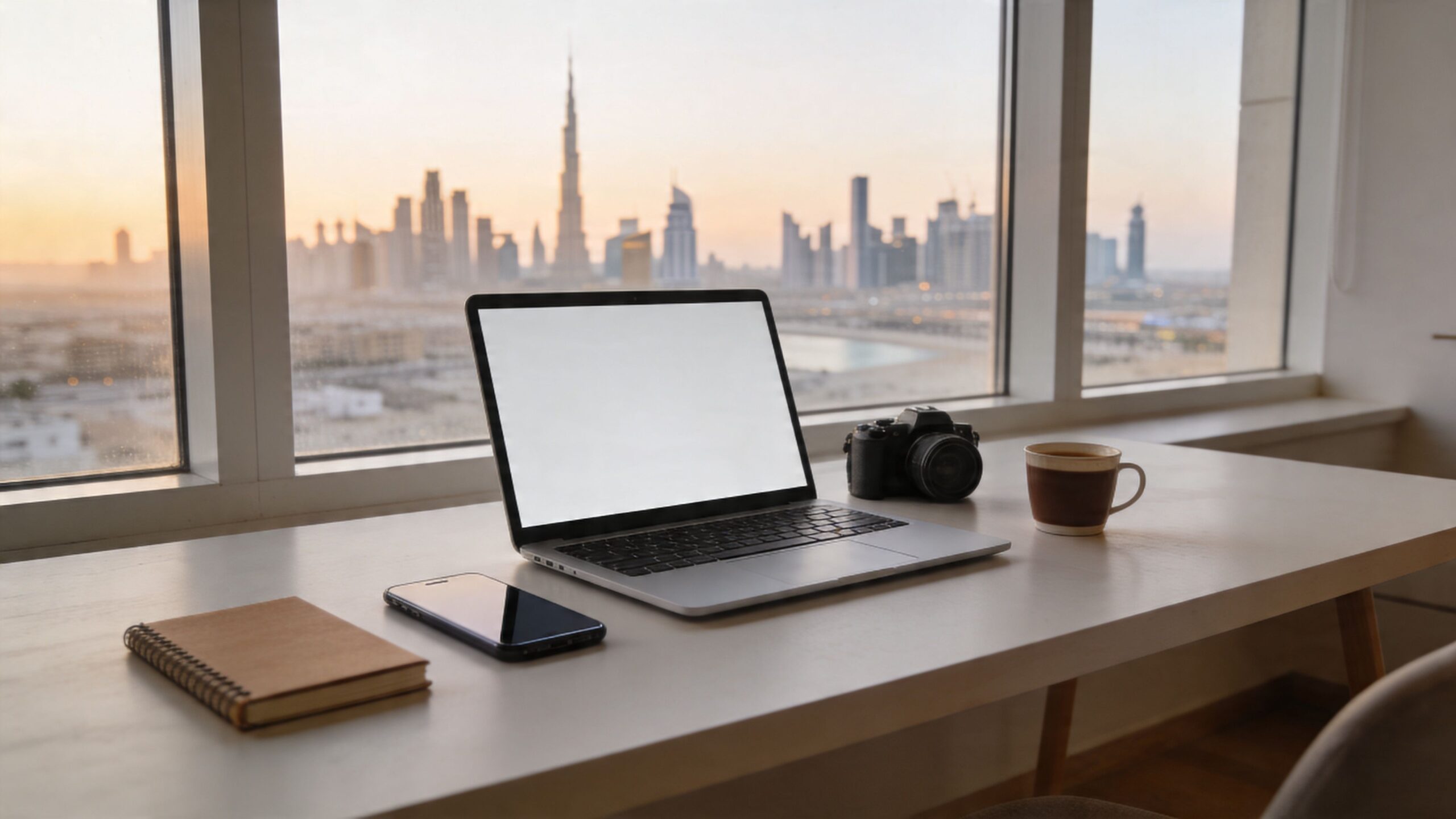 A modern laptop on a white desk with a smartphone, notebook, and coffee overlooking the Dubai skyline.