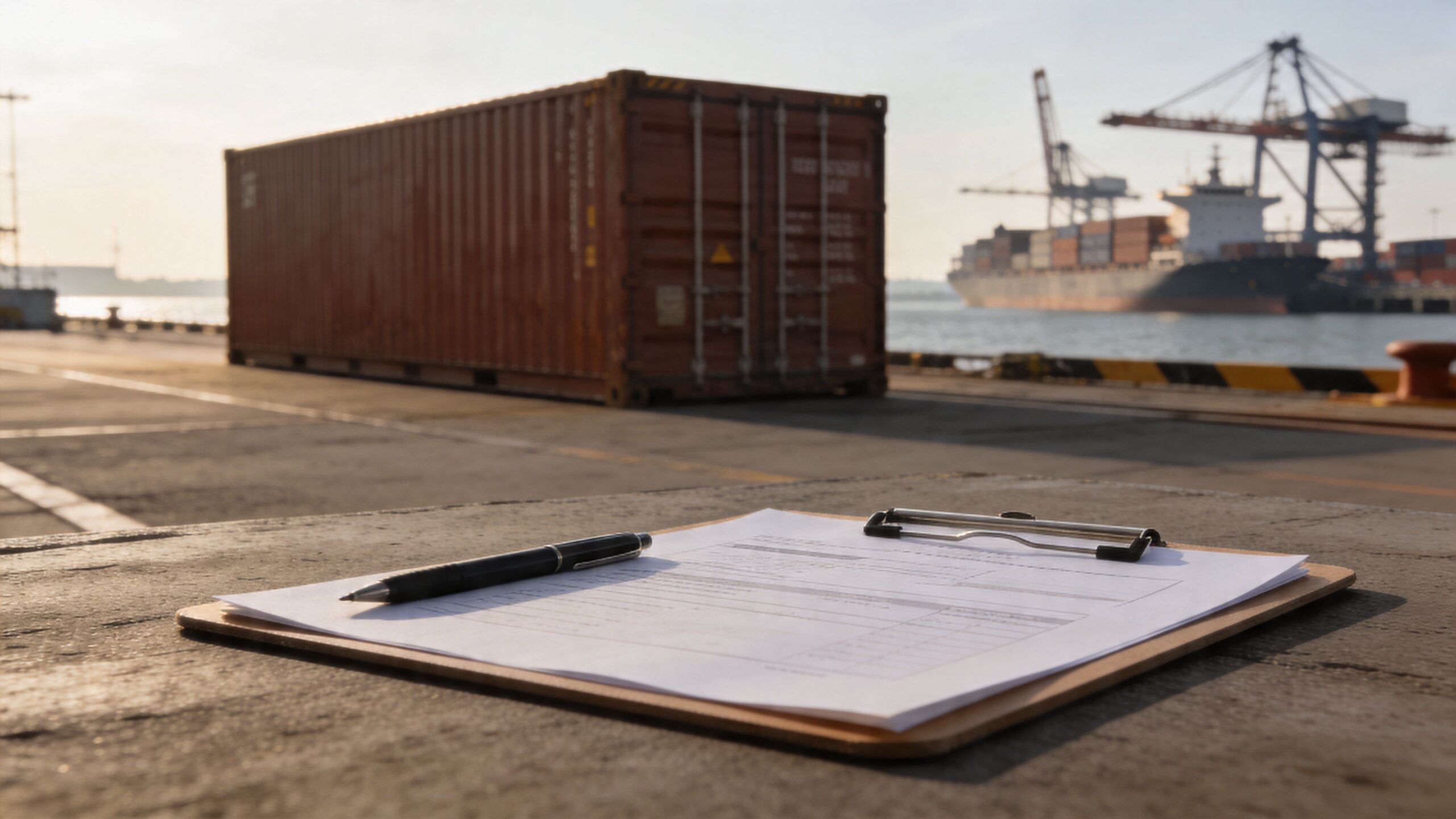 A clipboard with a document and a pen resting on a wooden table at a shipping port.