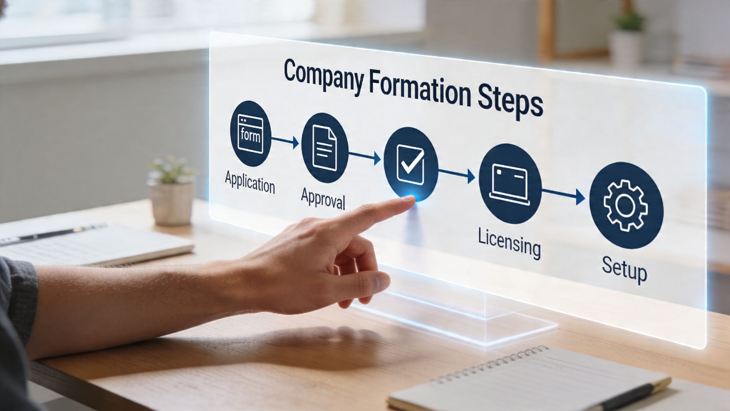 A person pointing to a digital infographic display detailing the steps for company formation and business setup.