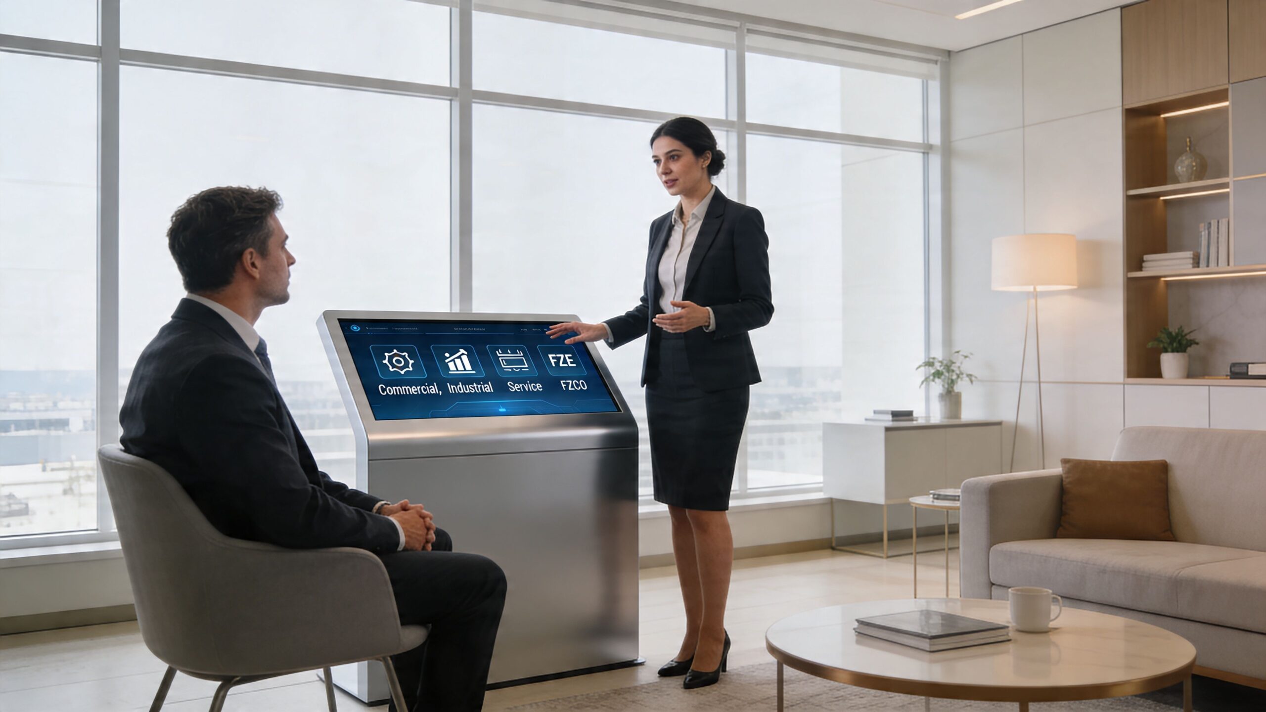 A businesswoman presenting business license options on a digital kiosk to a male client in an office.