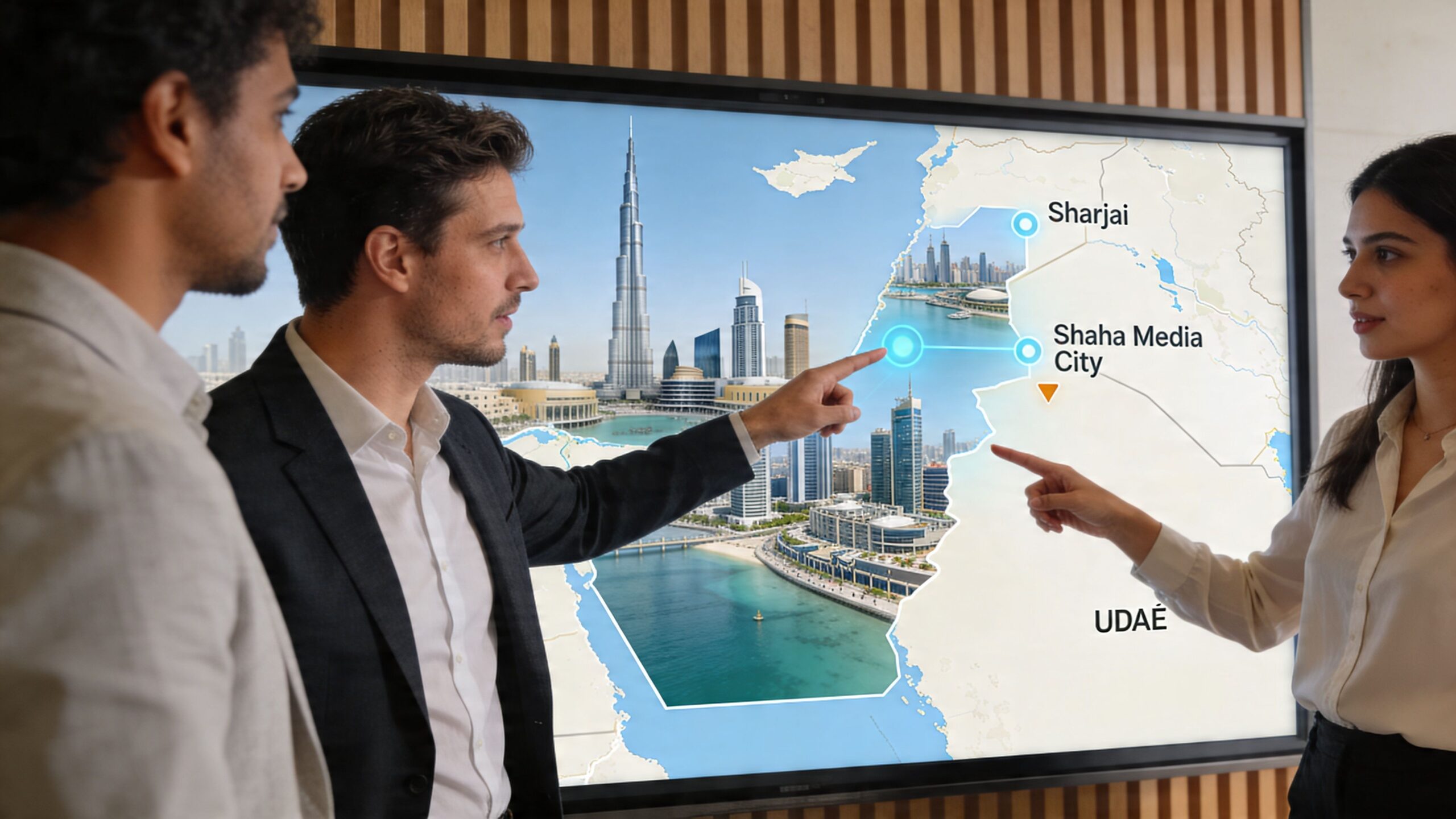 A diverse team of professionals discussing business opportunities in Sharjah and Dubai using a digital map presentation.