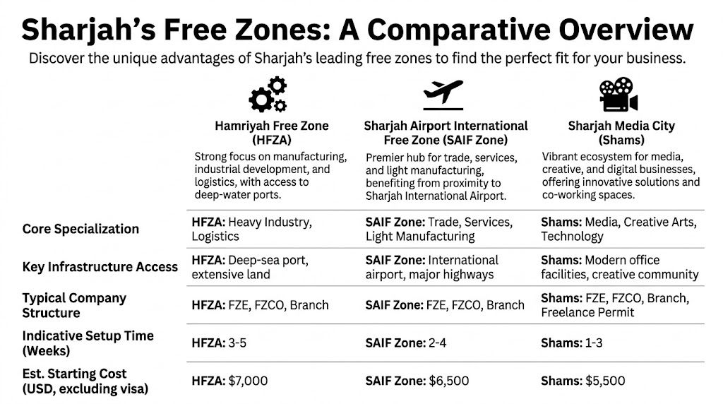 A comparison chart outlining key differences between Hamriyah, SAIF, and Shams free zones in Sharjah.