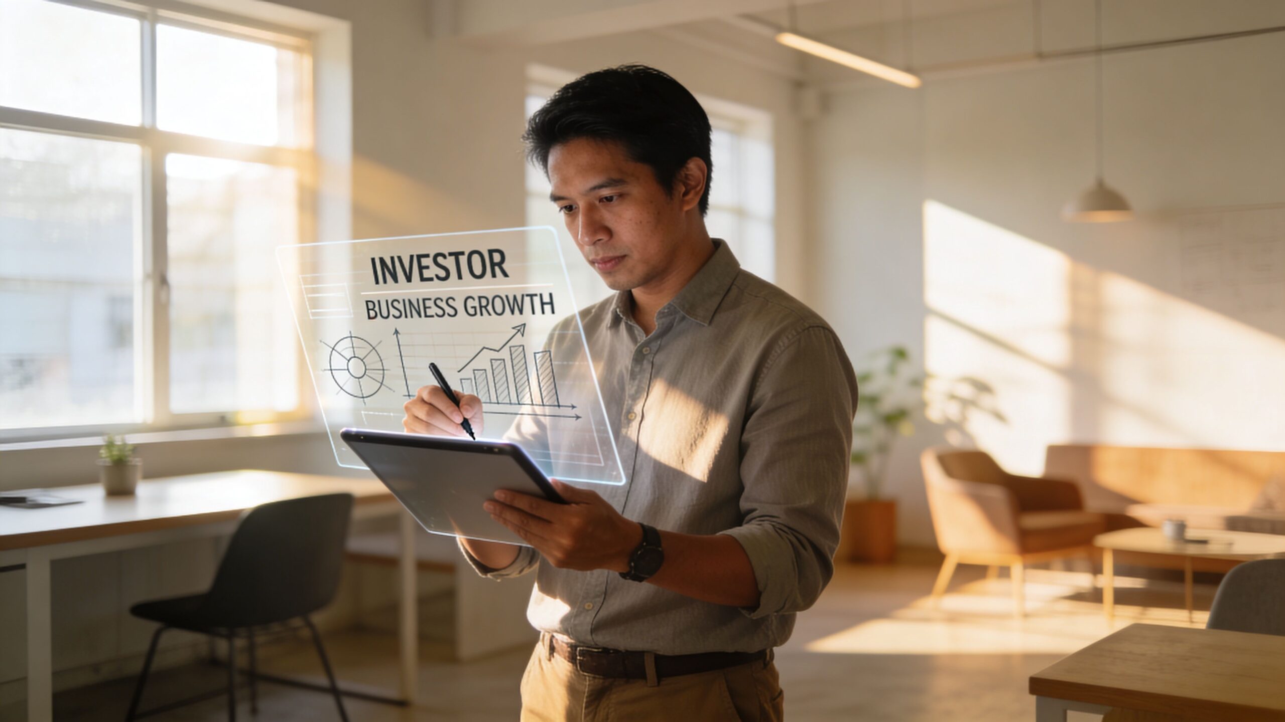 A professional man reviewing business growth metrics on a digital tablet in a sunlit modern office workspace.