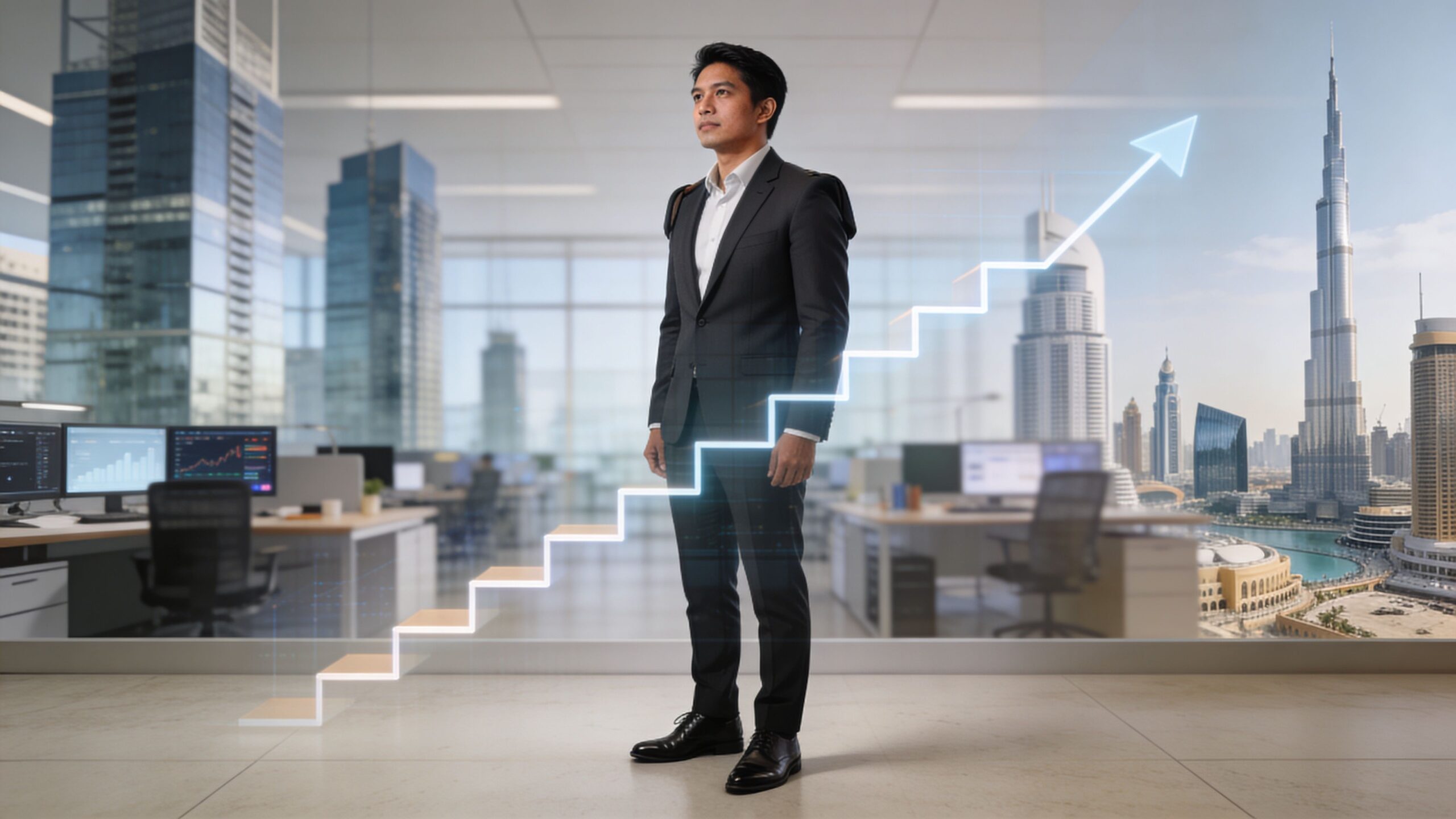 A professional man standing in a modern office with a digital staircase chart overlooking Dubai's skyline.