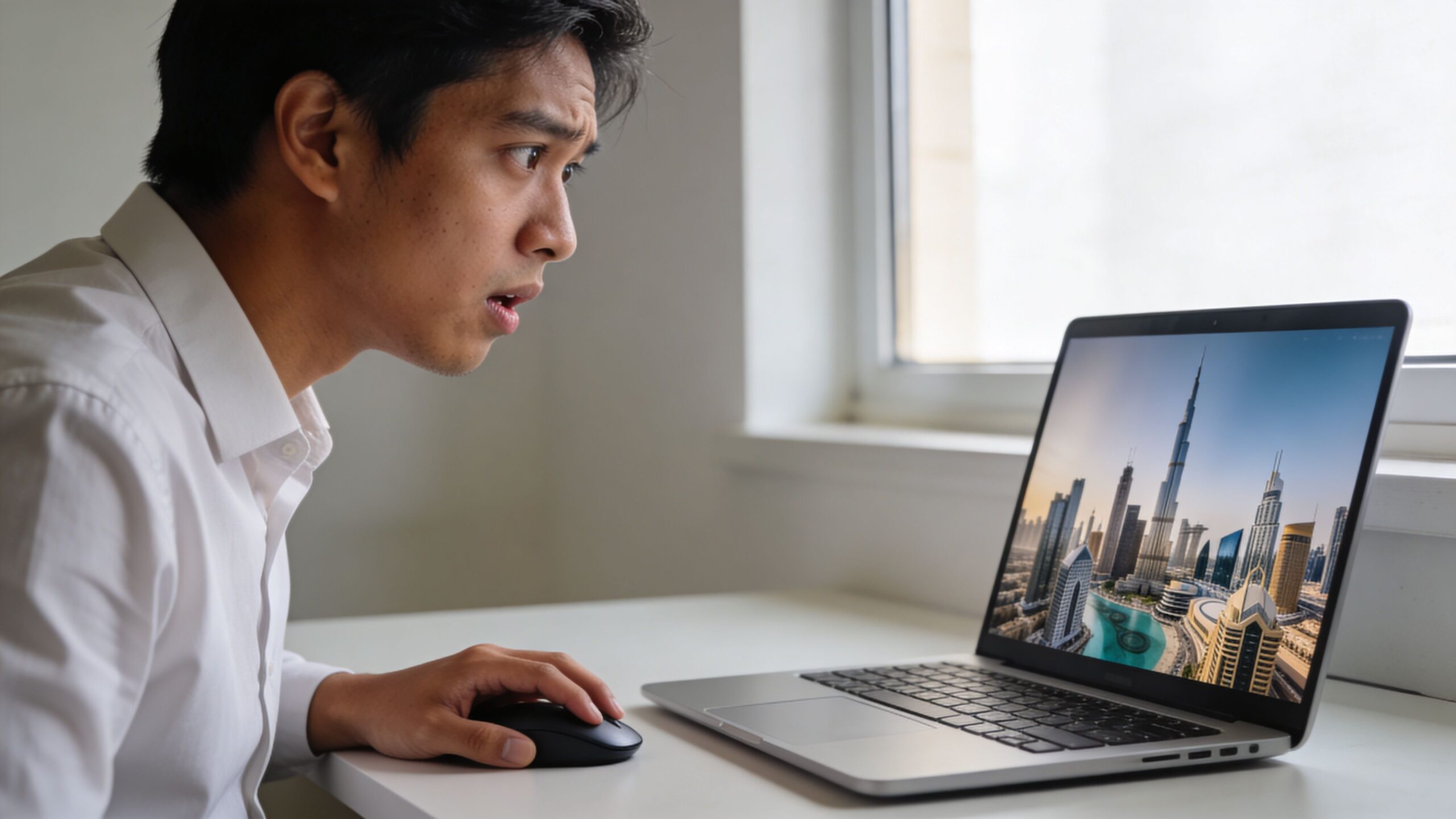 A surprised Filipino man sitting at a desk and looking at a Dubai skyline on his laptop screen.