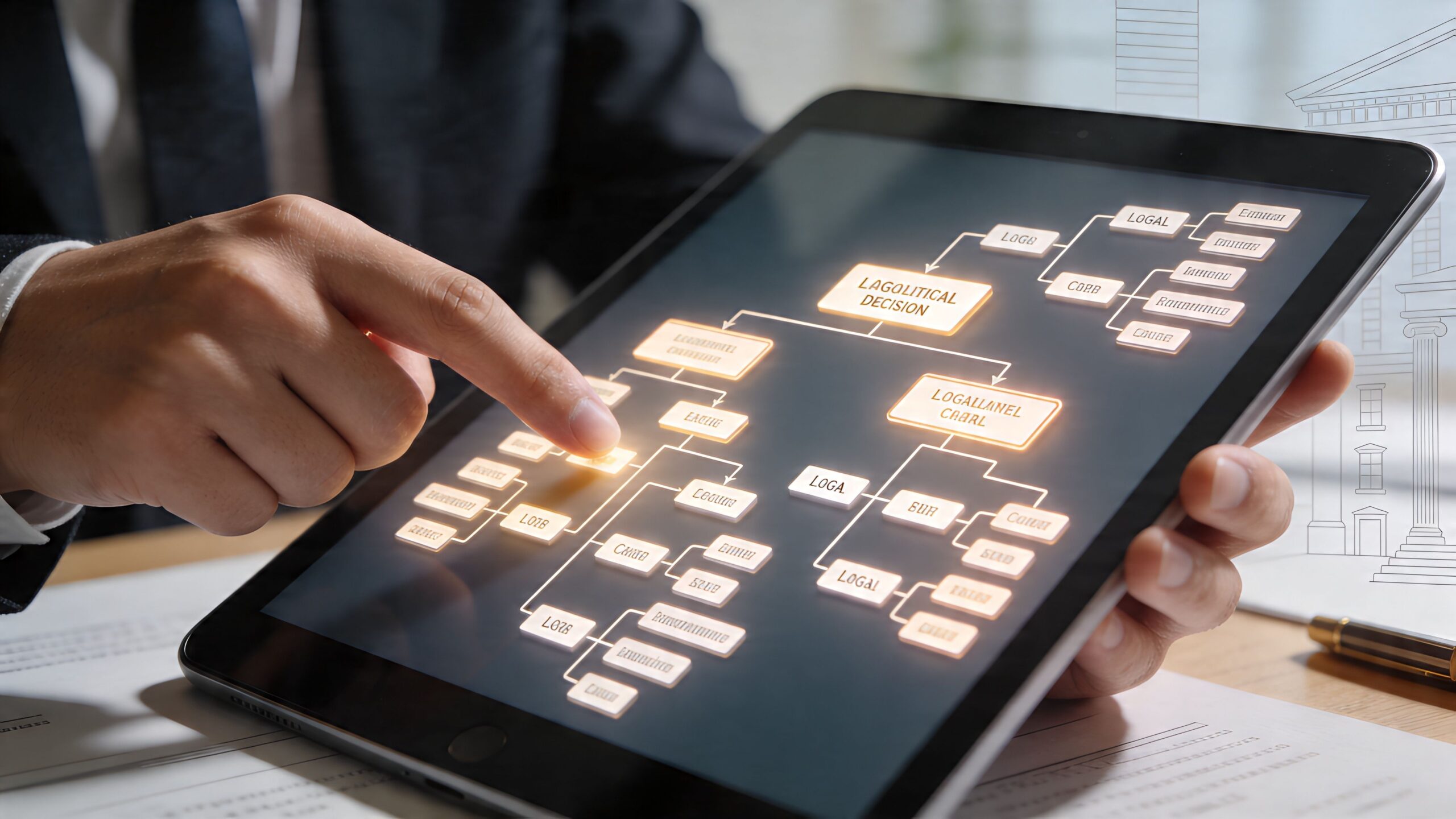 A professional using a digital tablet to review a complex legal decision flowchart for business operations.