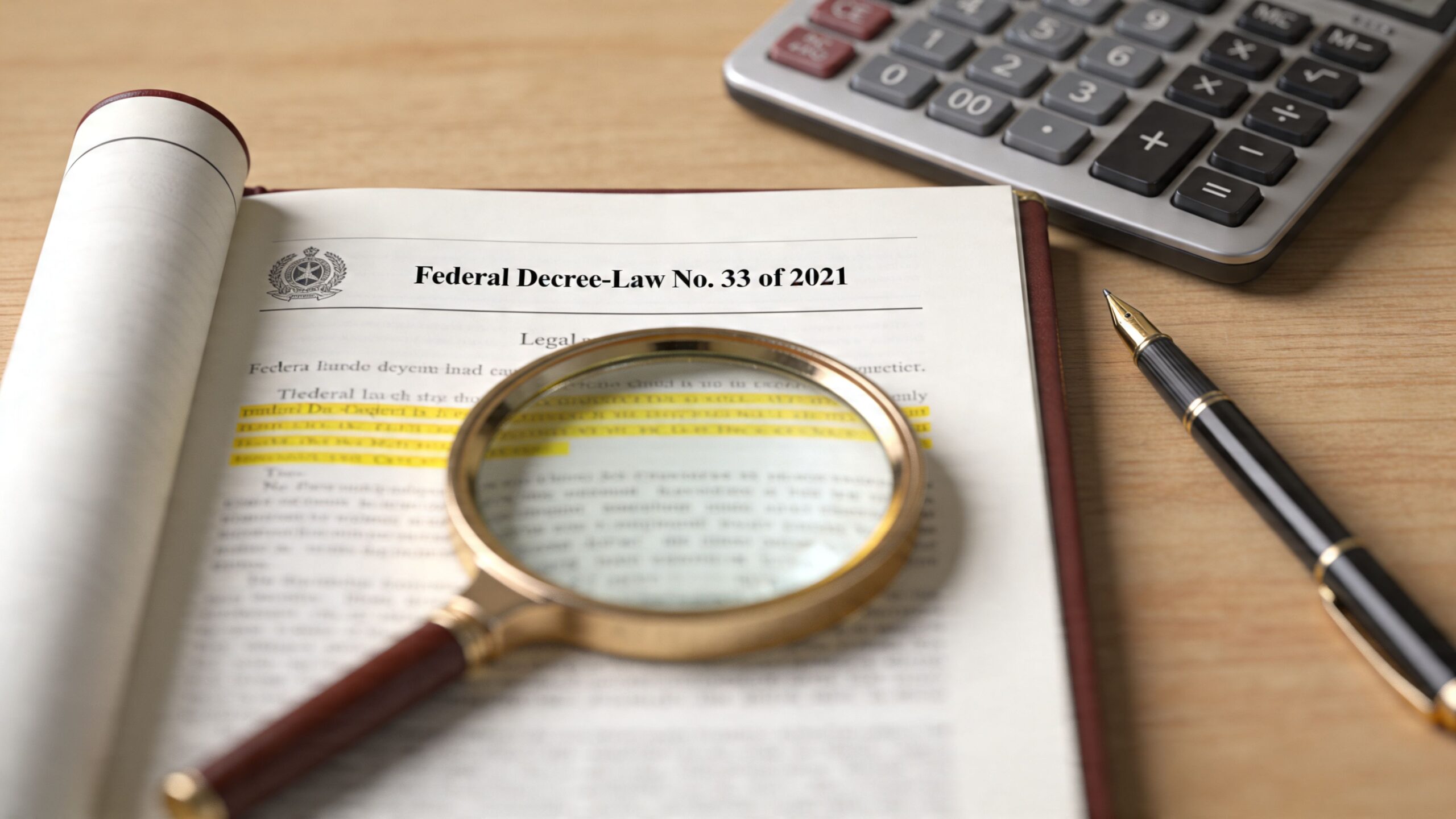 A magnifying glass resting on an open book titled Federal Decree-Law No. 33 of 2021 with a calculator.