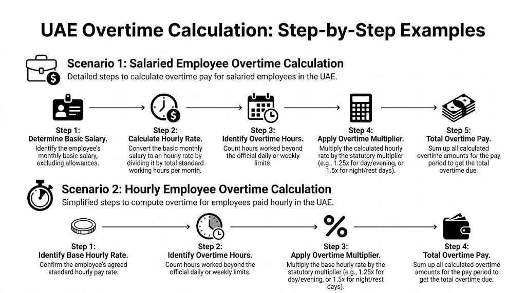 A step-by-step infographic explaining how to calculate overtime pay for salaried and hourly employees in the UAE.
