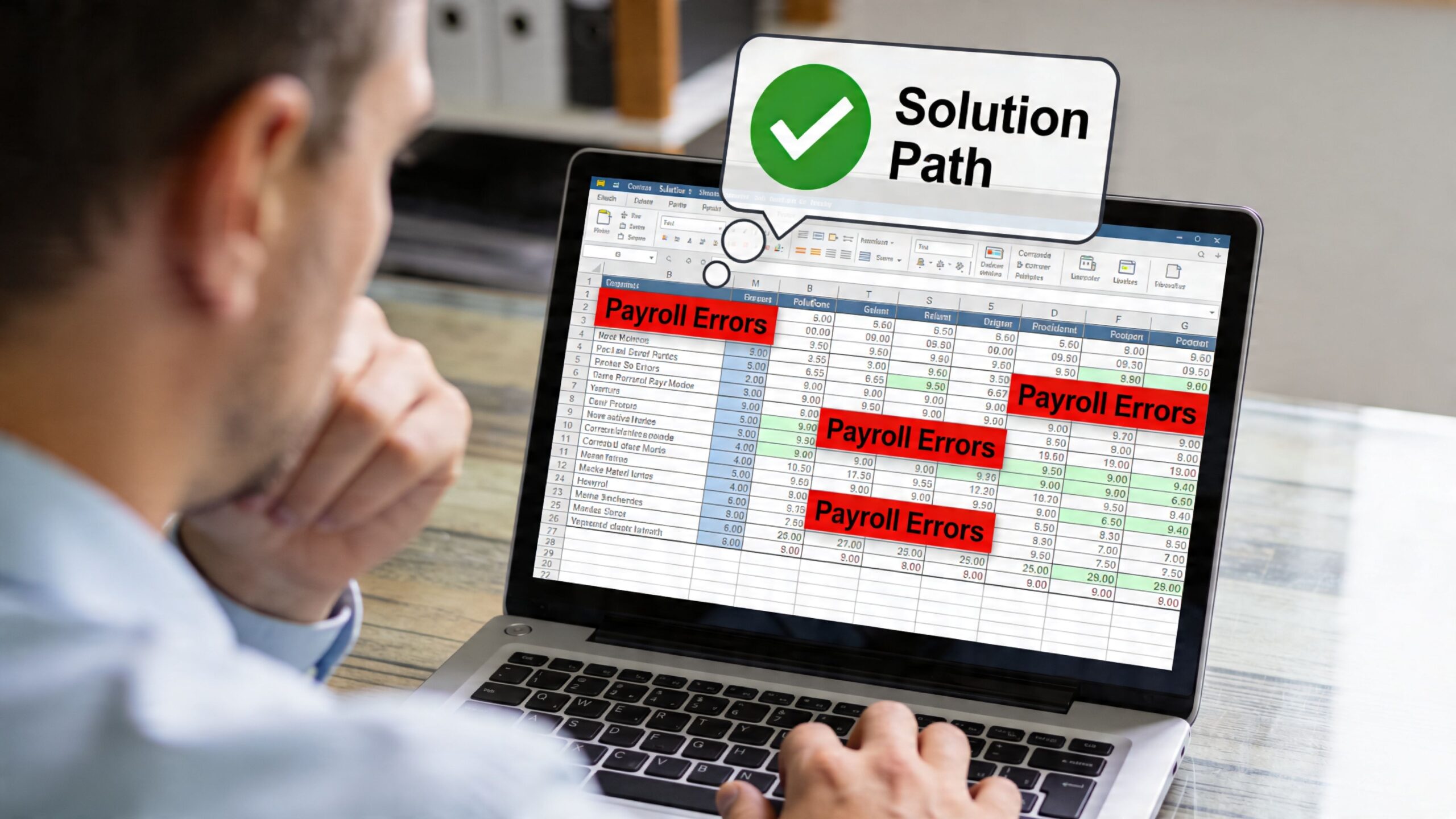 A professional analyzing a spreadsheet on a laptop screen displaying payroll errors and solution path overlay.