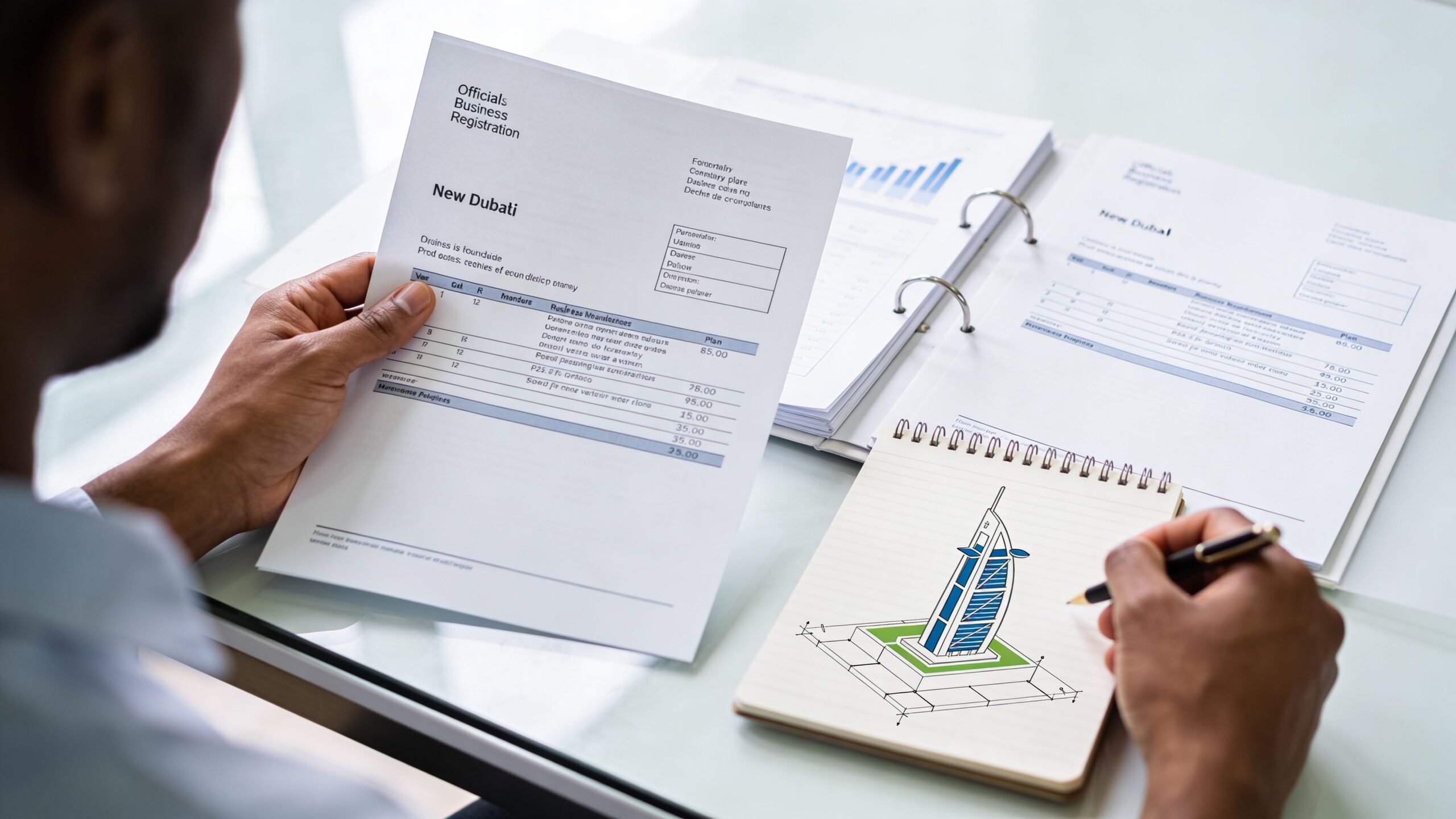 A professional man reviewing business registration documents and sketching an architectural building design in a notebook.