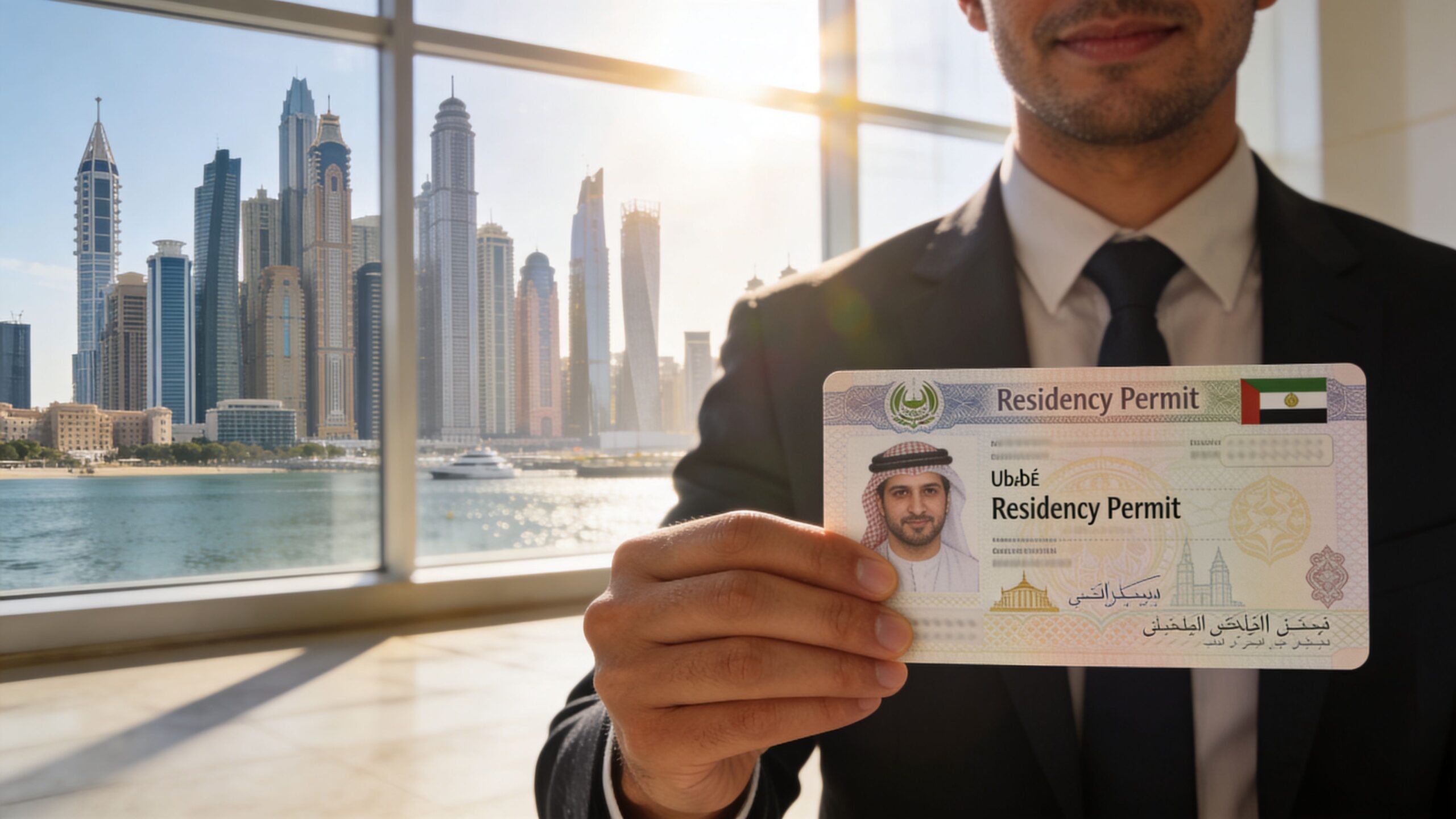 A professional man holding a UAE residency permit card in front of a modern Dubai skyline view.