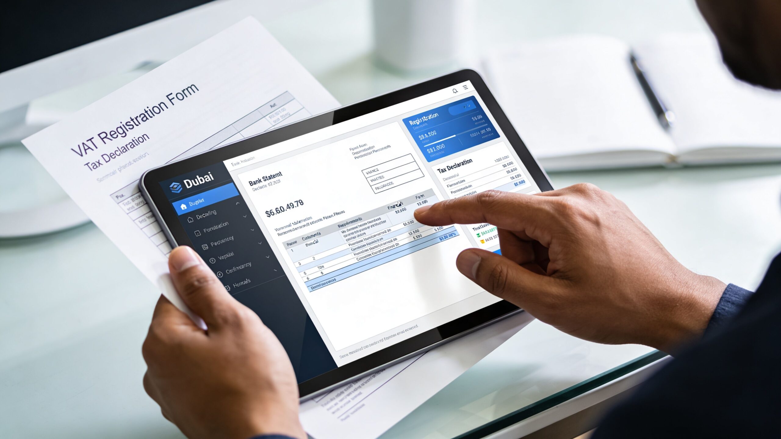 A businessman reviews financial tax and bank statement documents on a tablet screen in a bright office.