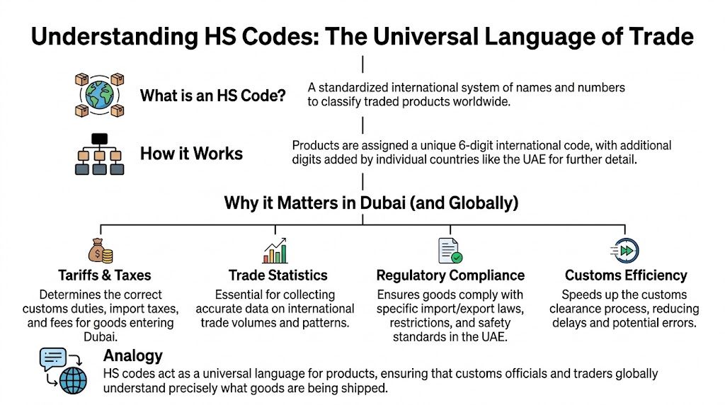 An infographic titled Understanding HS Codes explaining their definition, functionality, and importance for trade in Dubai.