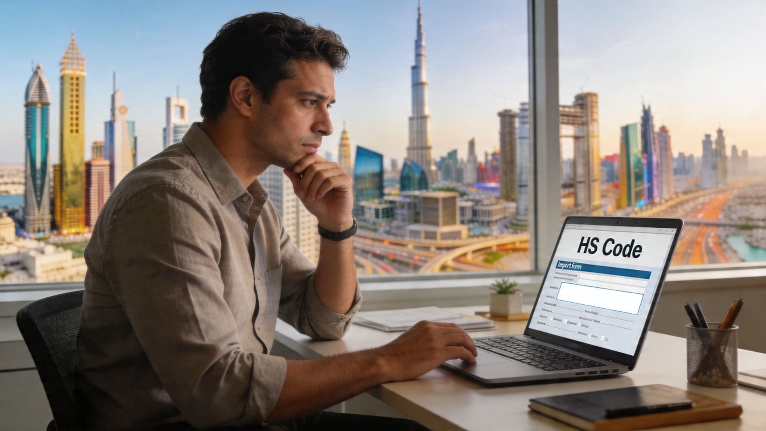 A professional man thoughtfully reviewing HS code import forms on his laptop with the Dubai skyline behind him.