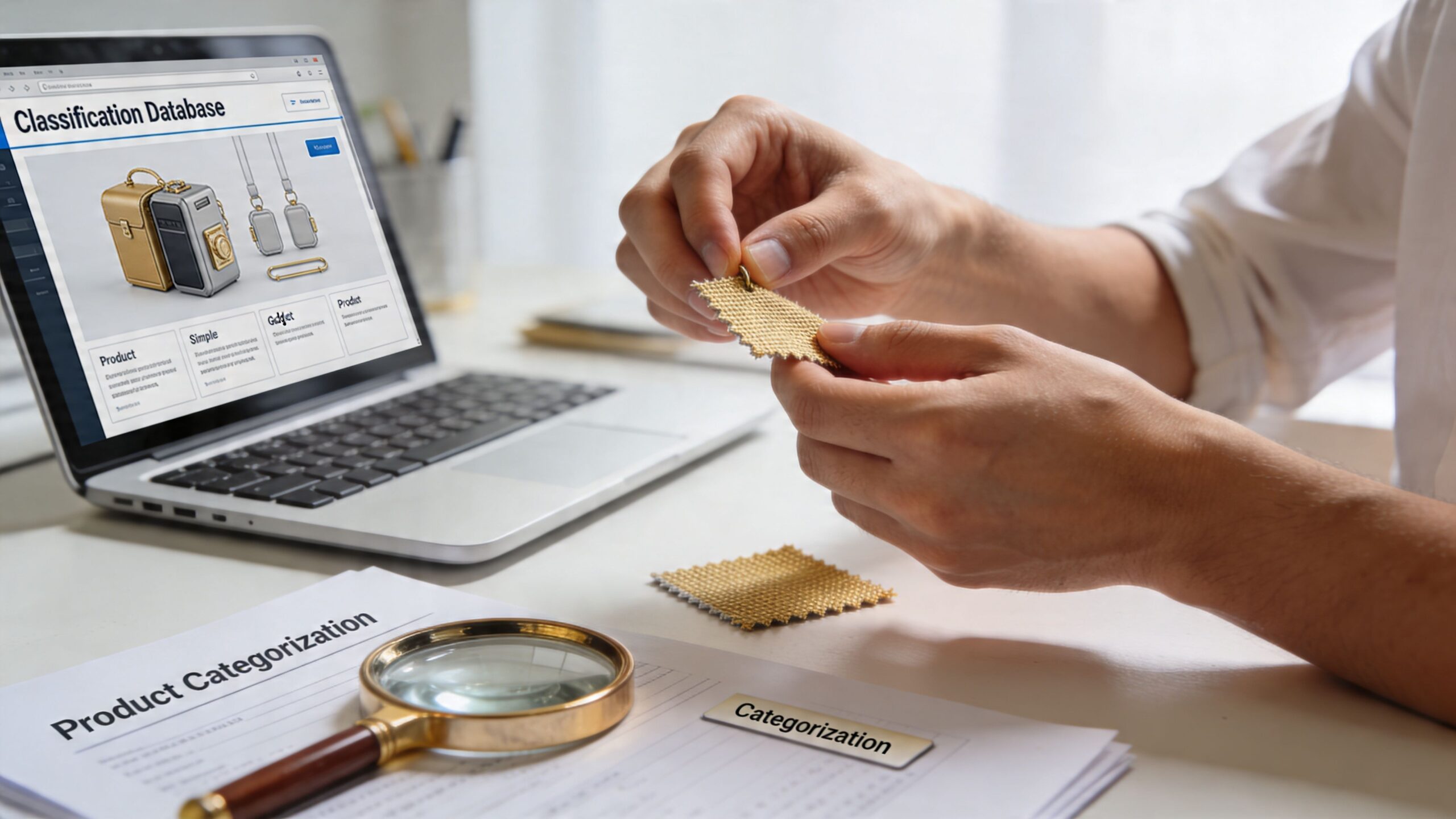 A person examining a fabric sample near a laptop displaying a product classification database and documents.