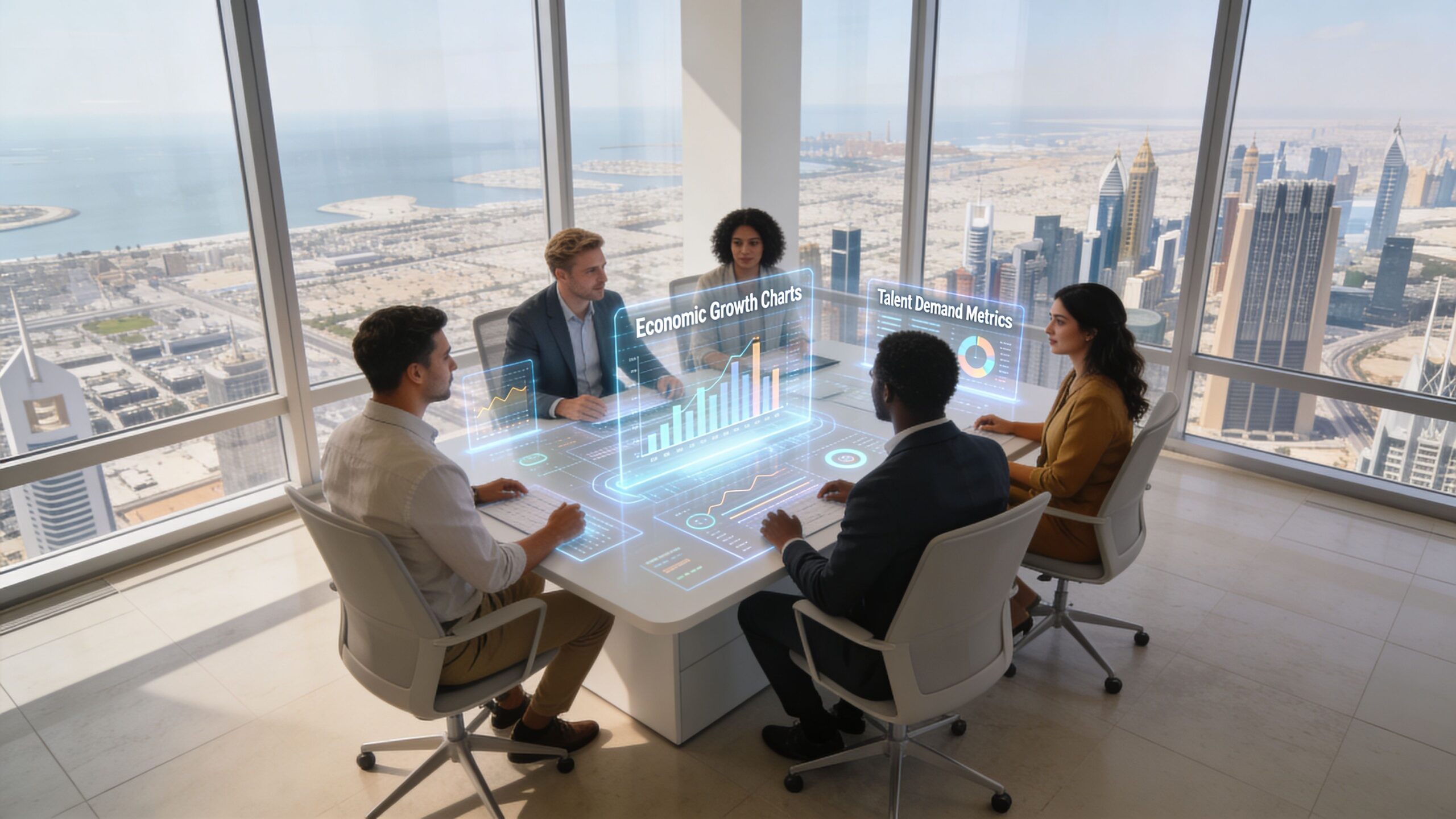 A professional team in a modern Dubai office boardroom analyzing holographic economic growth and talent demand data.