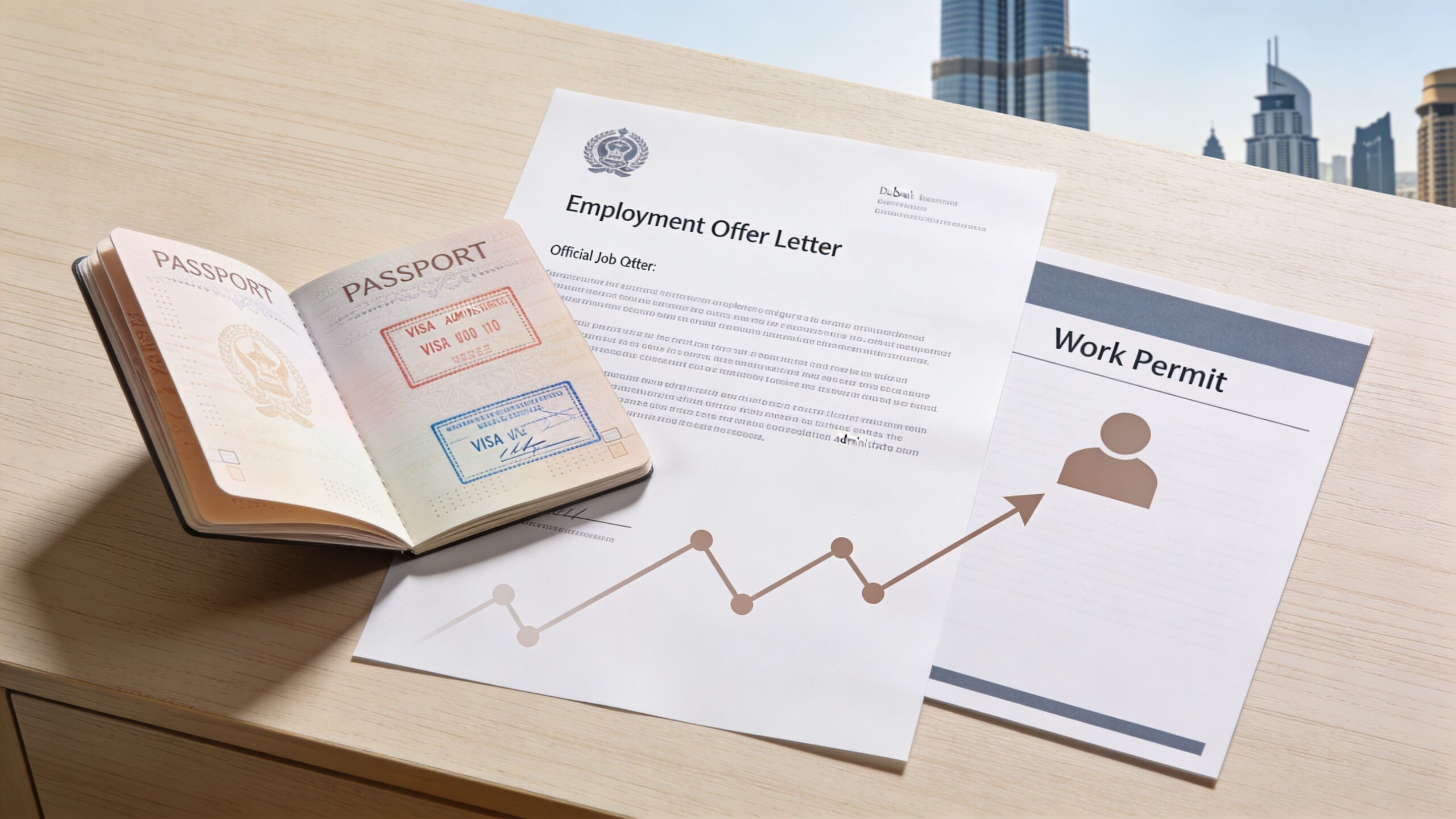 A passport, an employment offer letter, and a work permit on a desk with a city backdrop.
