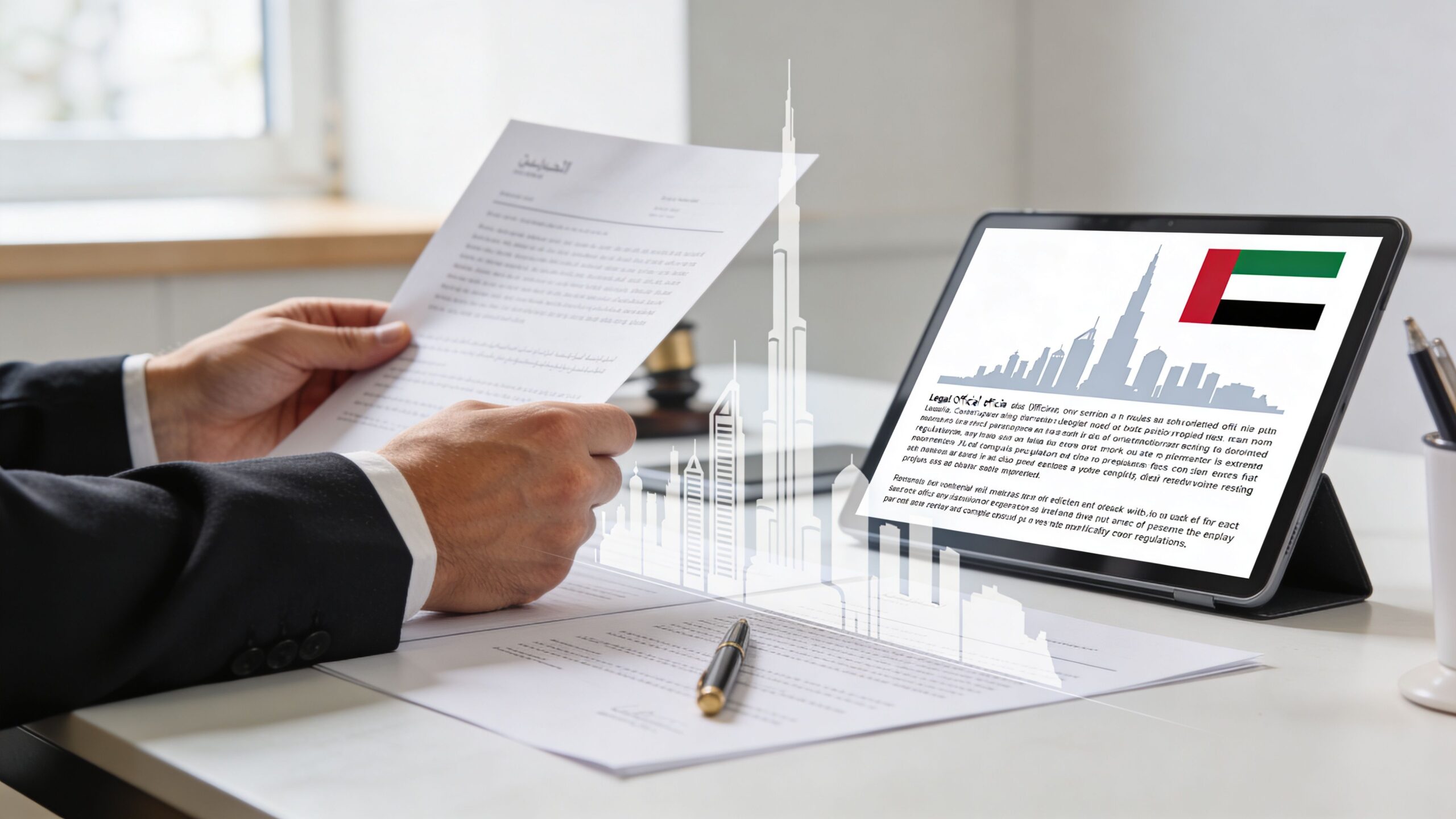 A professional holding legal documents with a UAE flag and Dubai skyline illustration on a tablet.