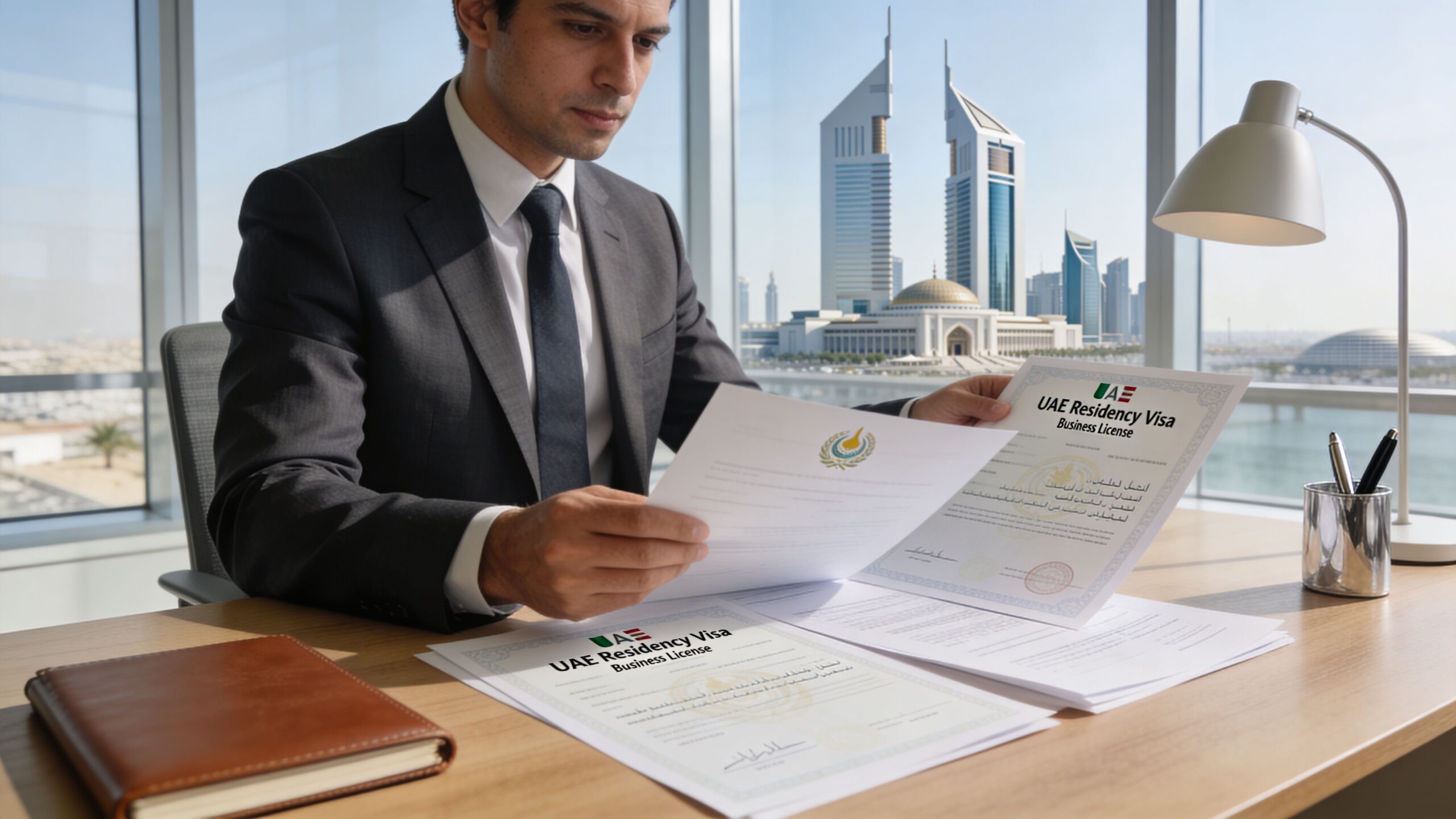 A professional man in a suit holding a UAE Residency Visa business license document in an office.