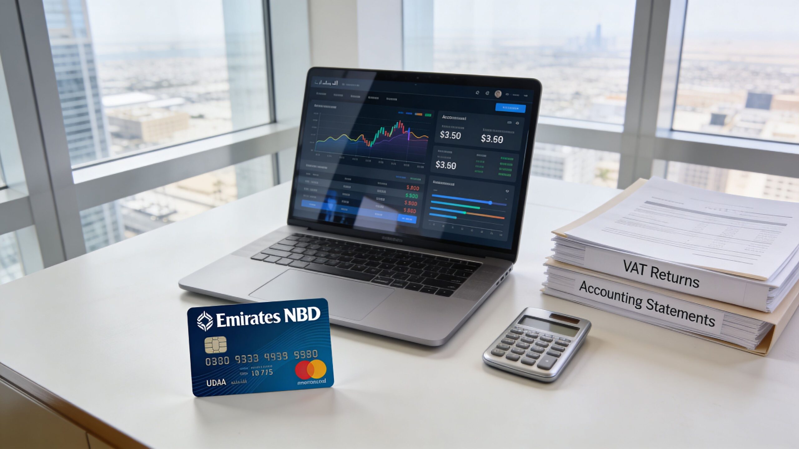 An Emirates NBD credit card placed on a desk next to a laptop and accounting documents.