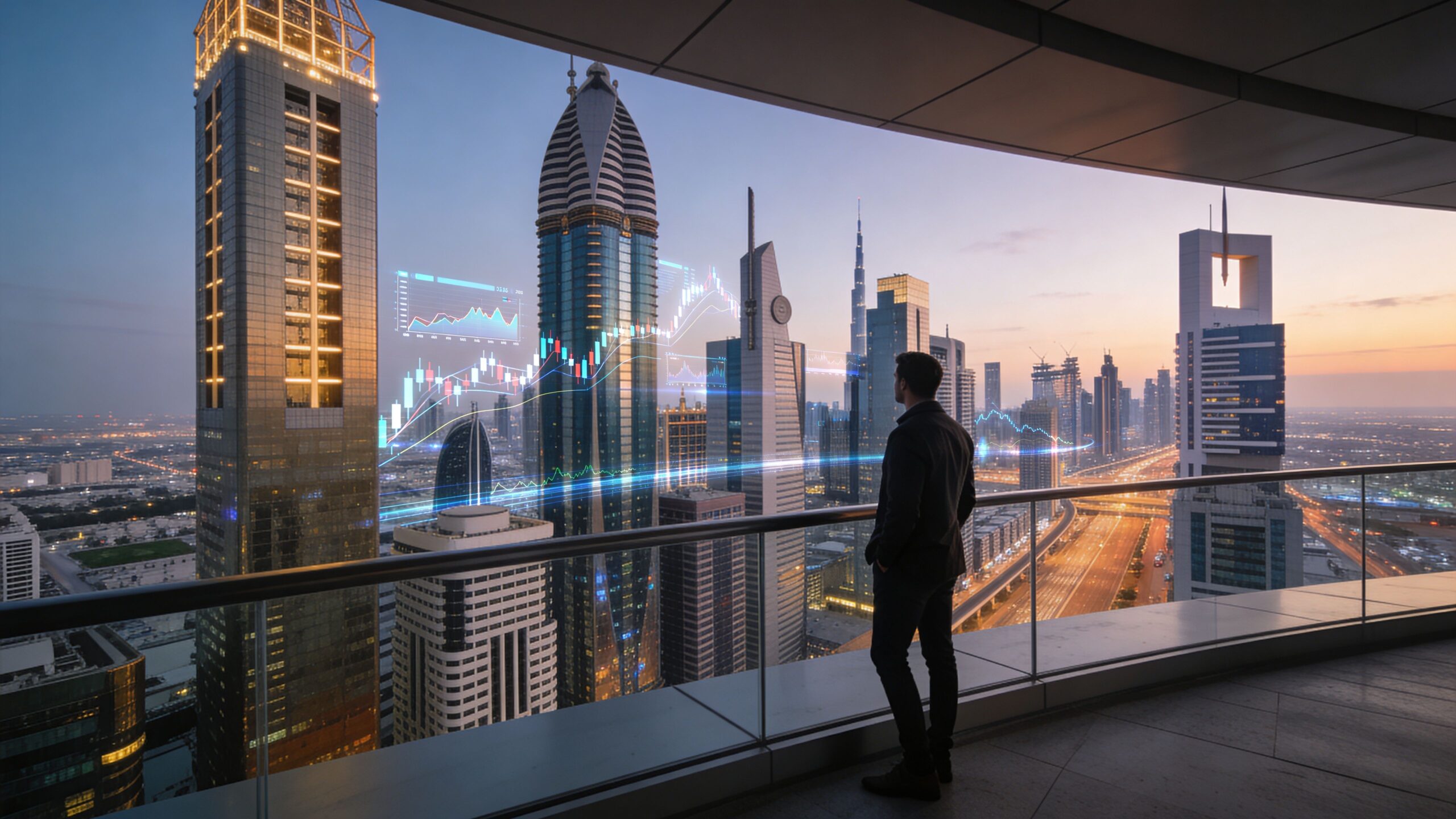 A businessman overlooking the Dubai skyline with holographic financial charts visualizing investment and earnings opportunities.