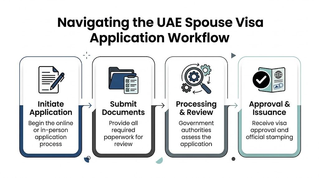 A four-step infographic illustrating the professional workflow for applying for a spouse visa in the UAE.