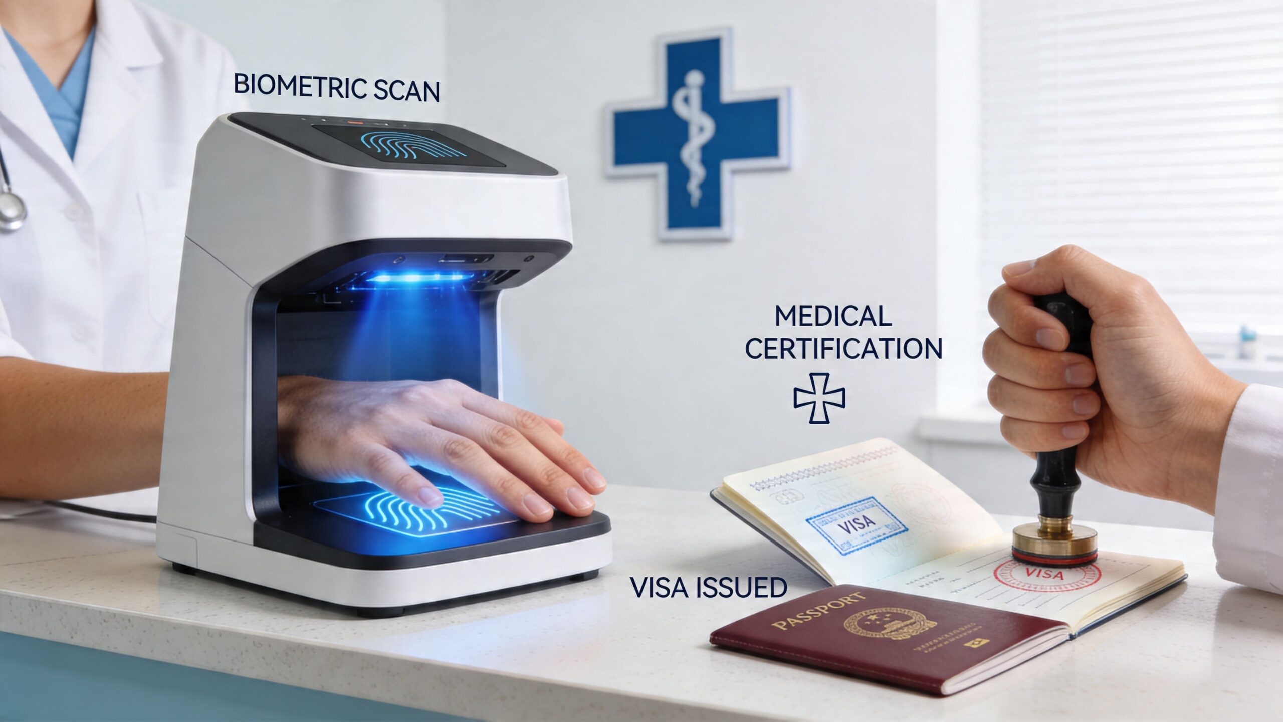 A doctor uses a biometric scanner for a medical exam while another person stamps a travel visa.