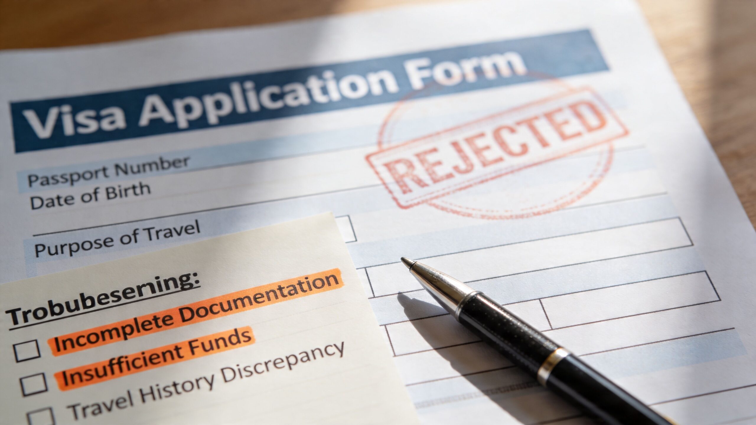 A rejected visa application form on a desk next to a pen and a list of issues.