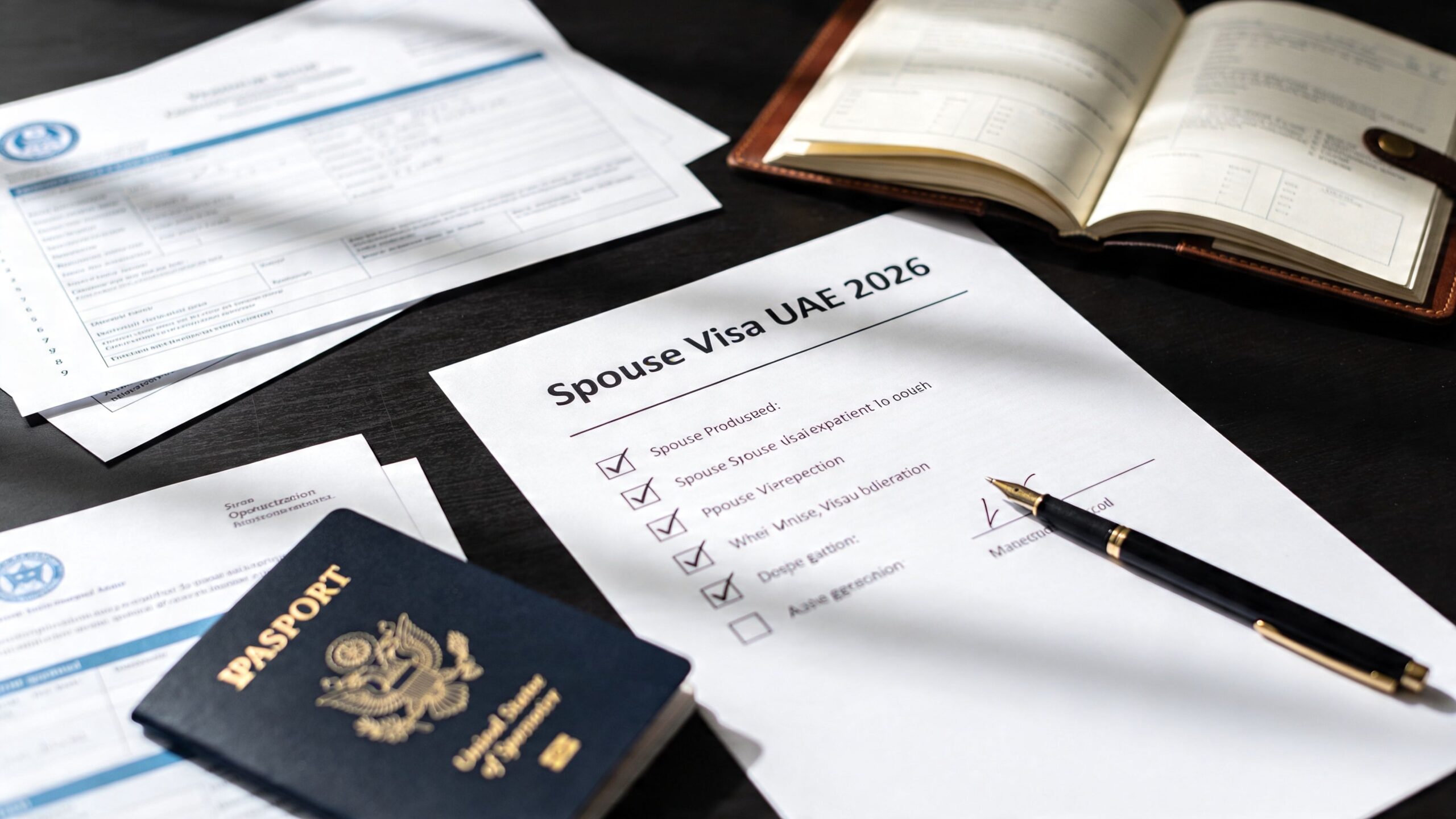 A document titled Spouse Visa UAE 2026 with a US passport and pen on a desk.