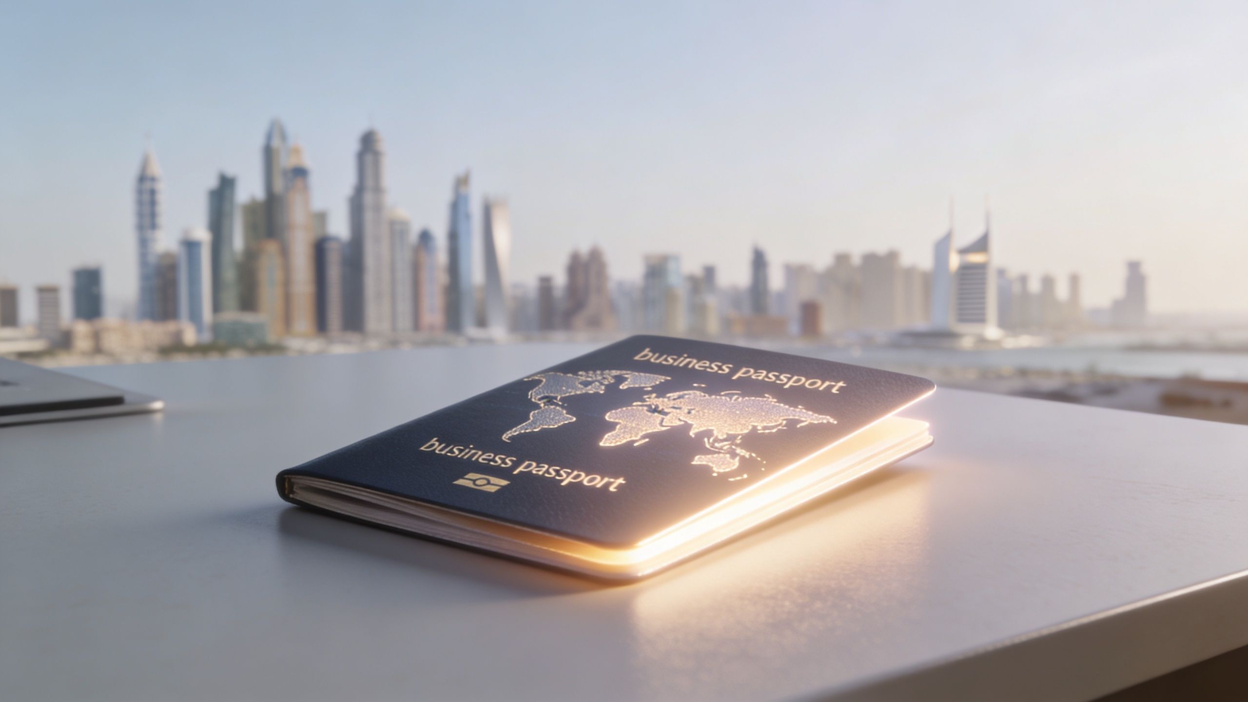 A business passport lying on a desk with the iconic Dubai skyline blurred in the background