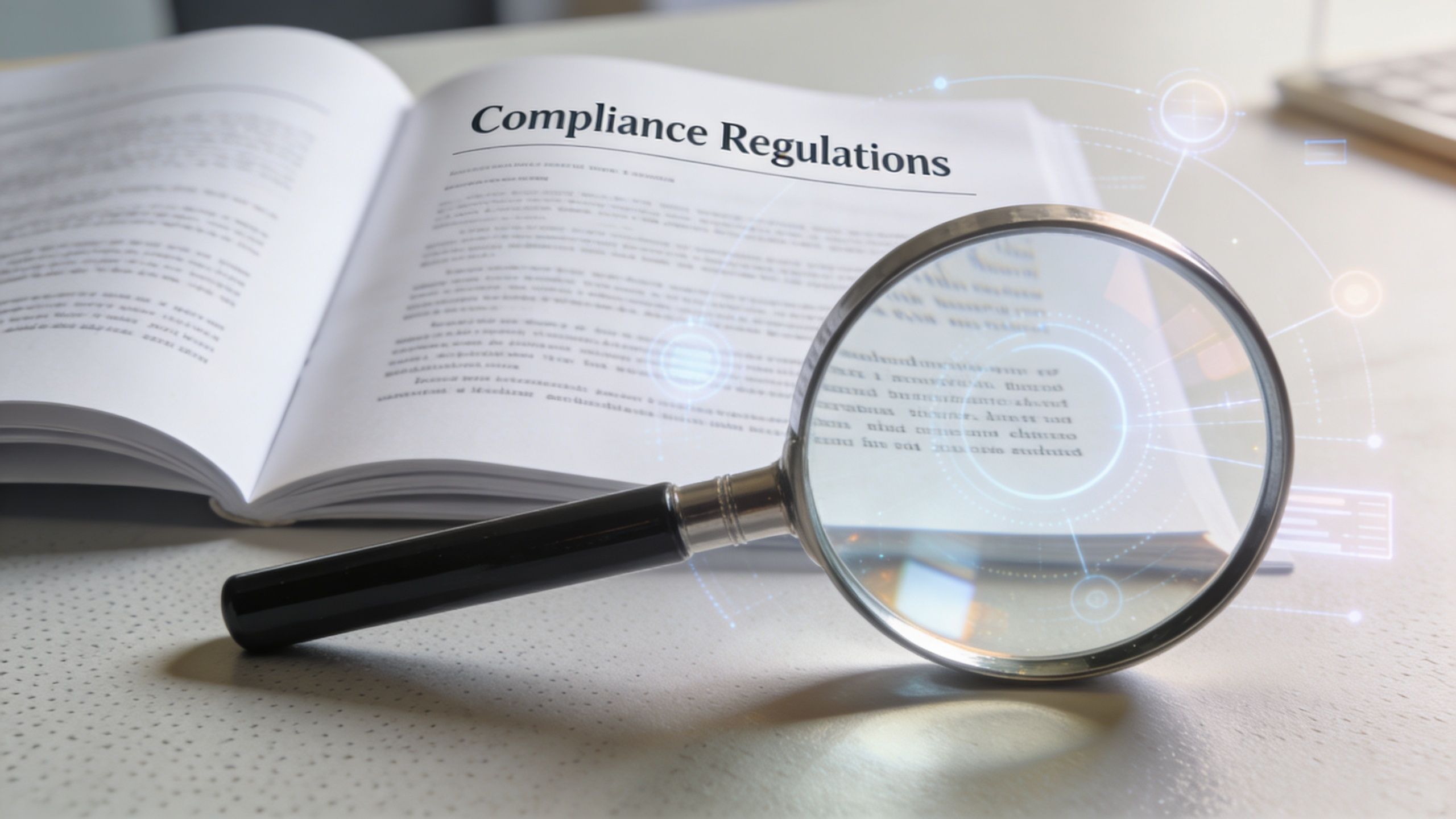 A magnifying glass resting on an open book titled Compliance Regulations with a digital overlay interface.