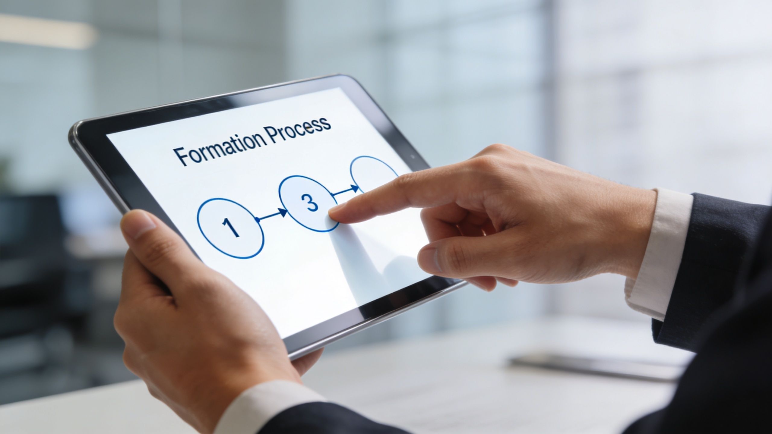 A businessman touches a tablet screen displaying a process flow chart for a company formation project.