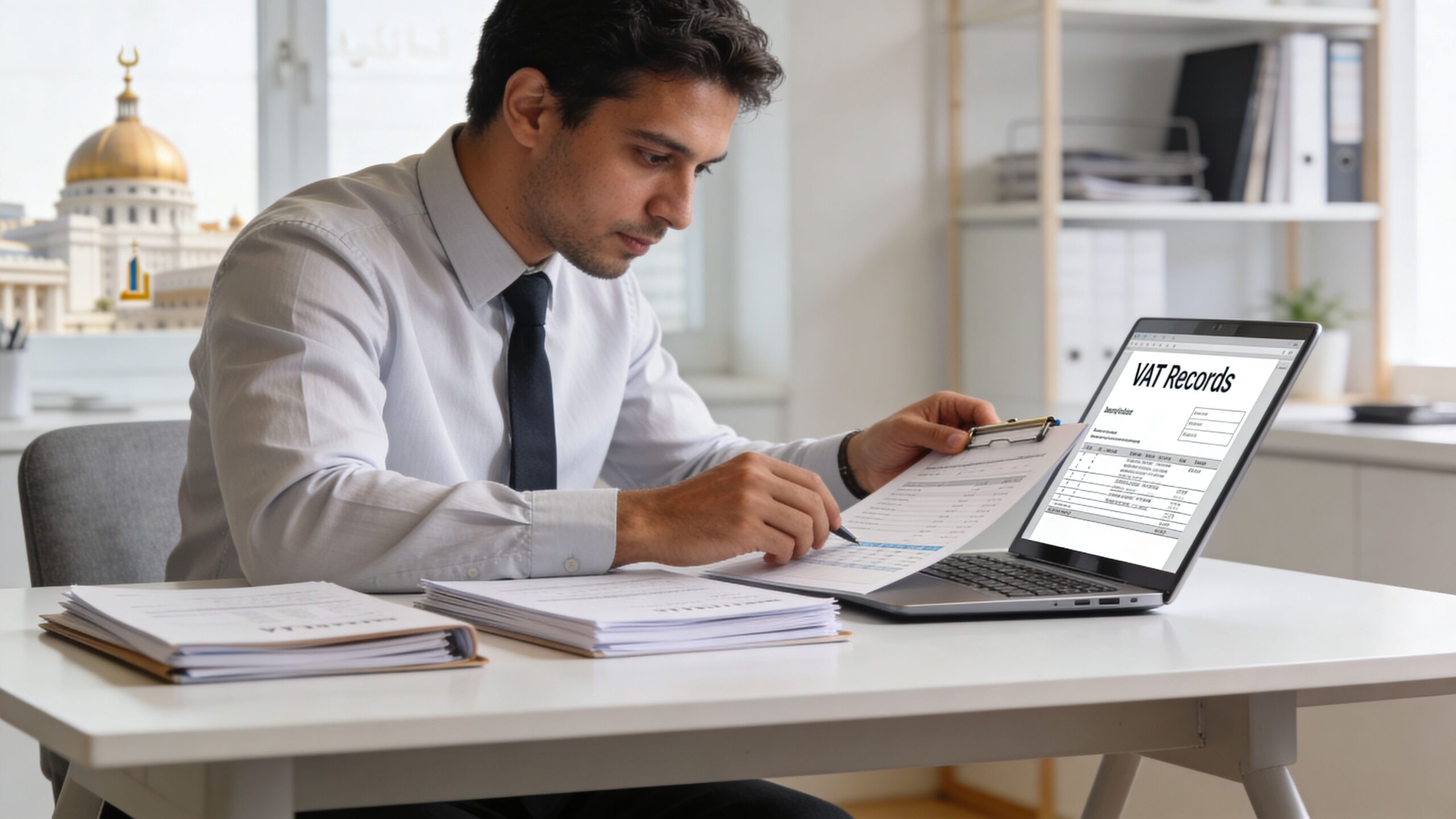 A professional accountant reviewing VAT records on documents and a laptop in a modern Dubai office.