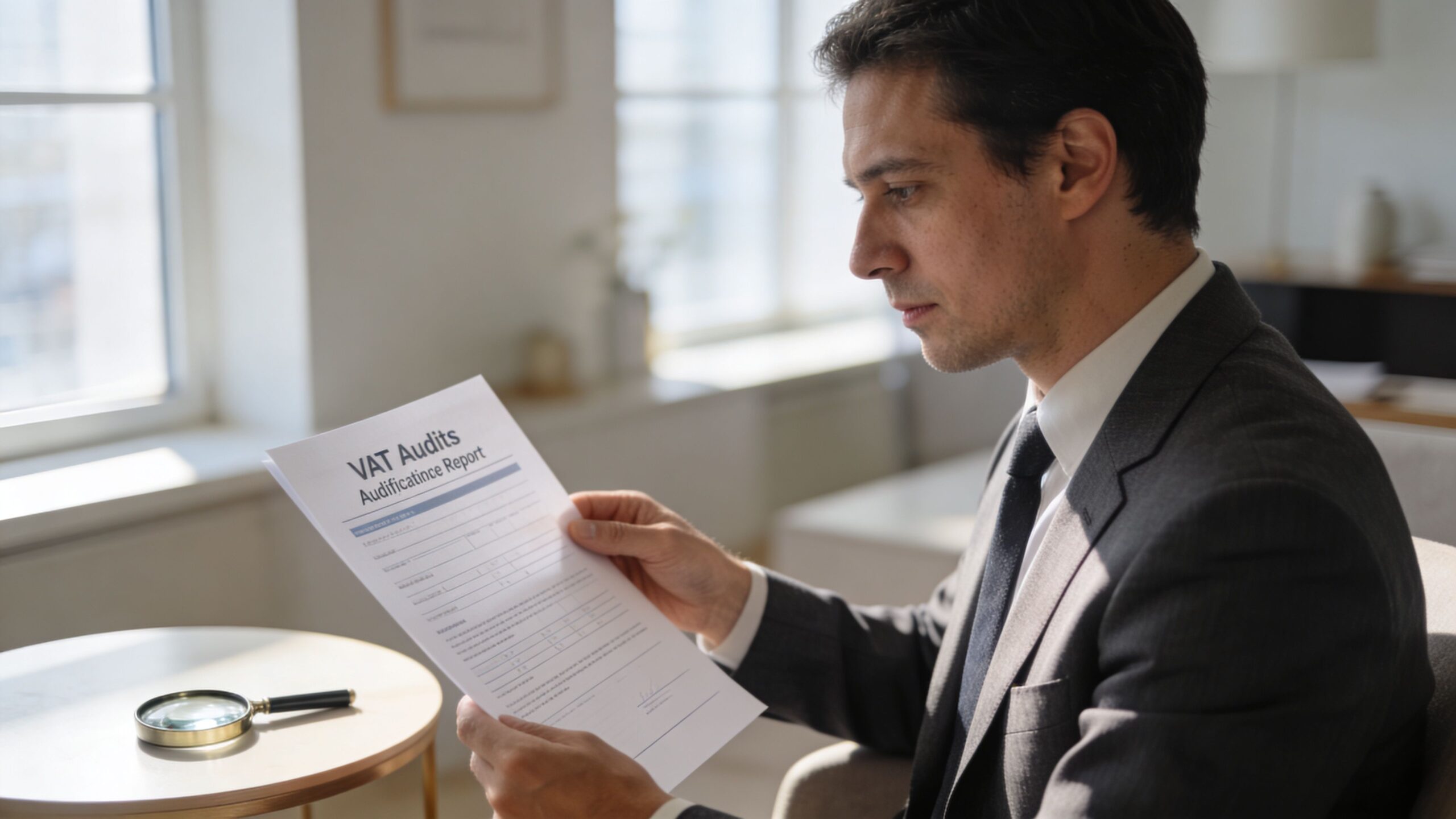 A professional man in a suit carefully reviewing a VAT Audit report in a bright office.