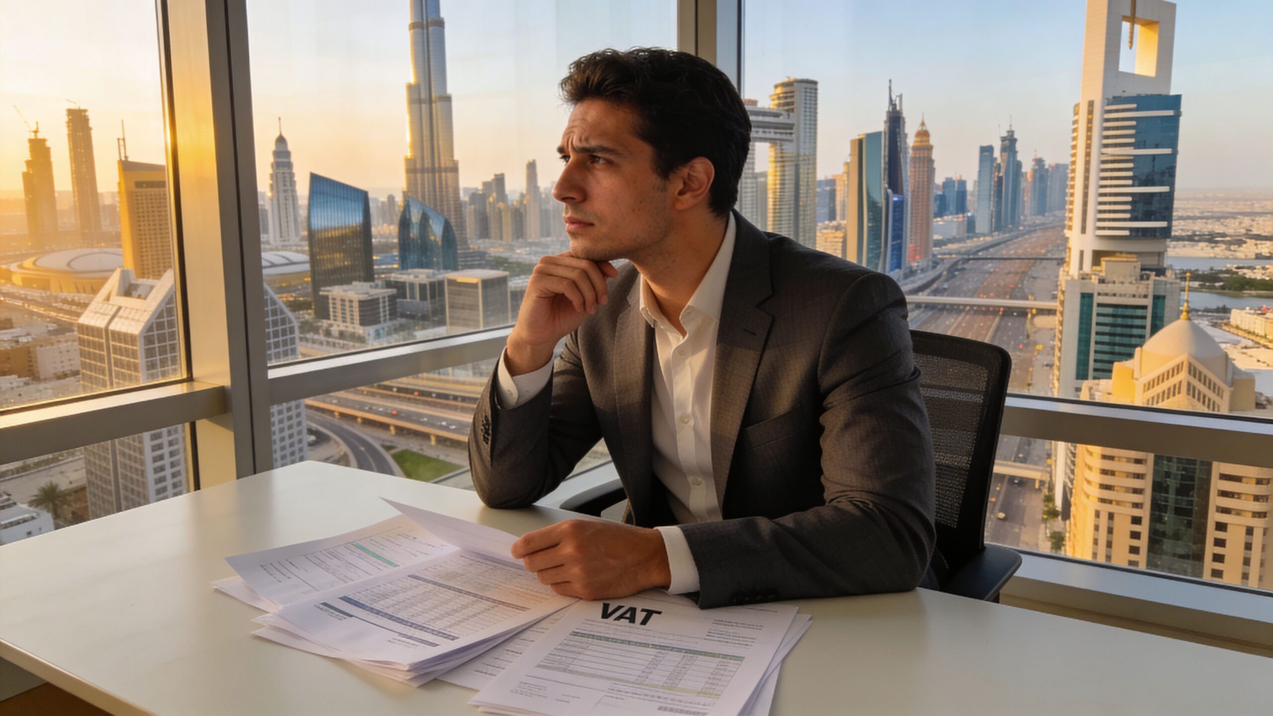 A professional man sitting in a high-rise Dubai office looking at VAT financial documents during sunset.