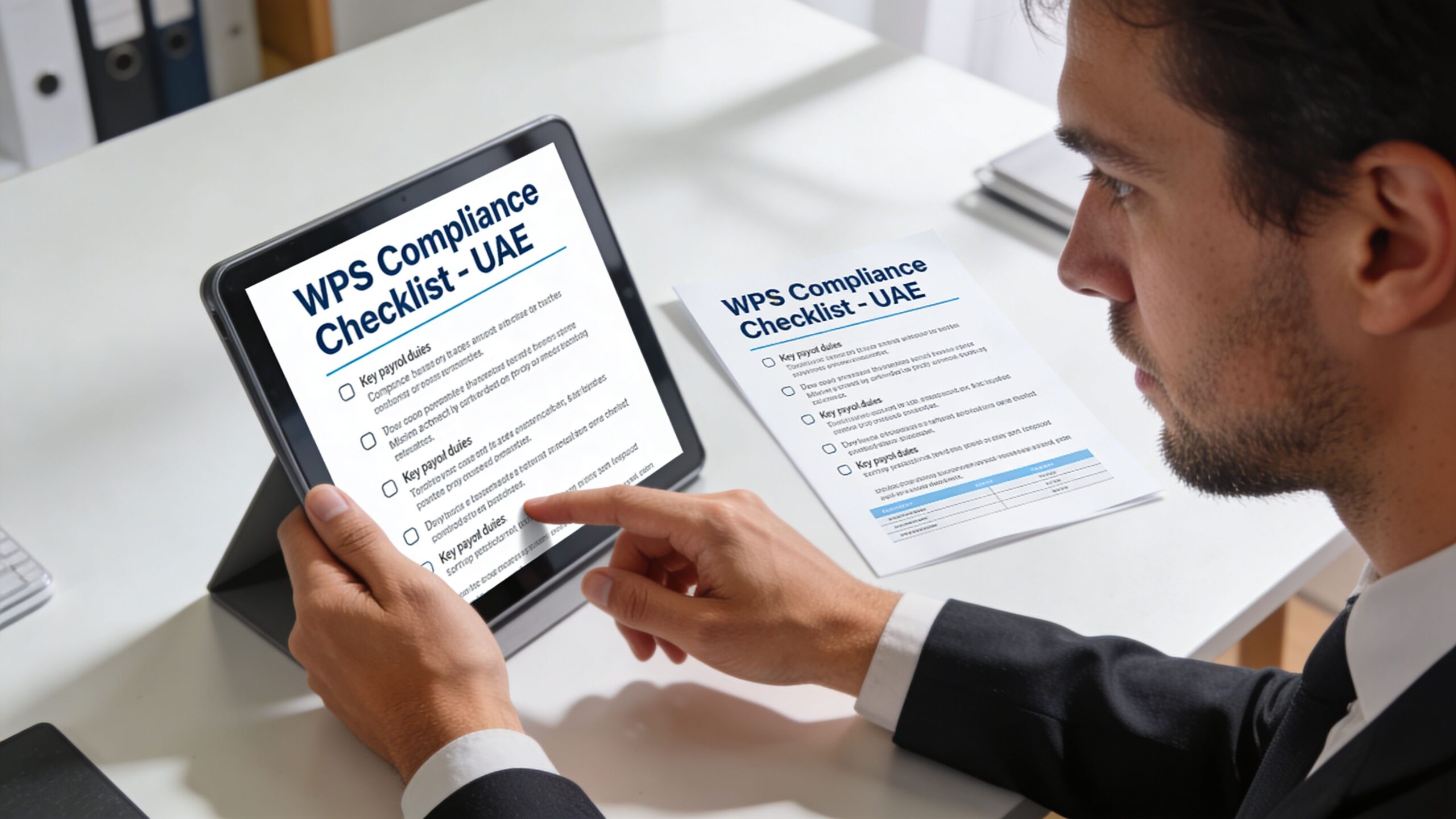 A professional man reviewing a WPS Compliance Checklist for the UAE on a tablet and paper document.