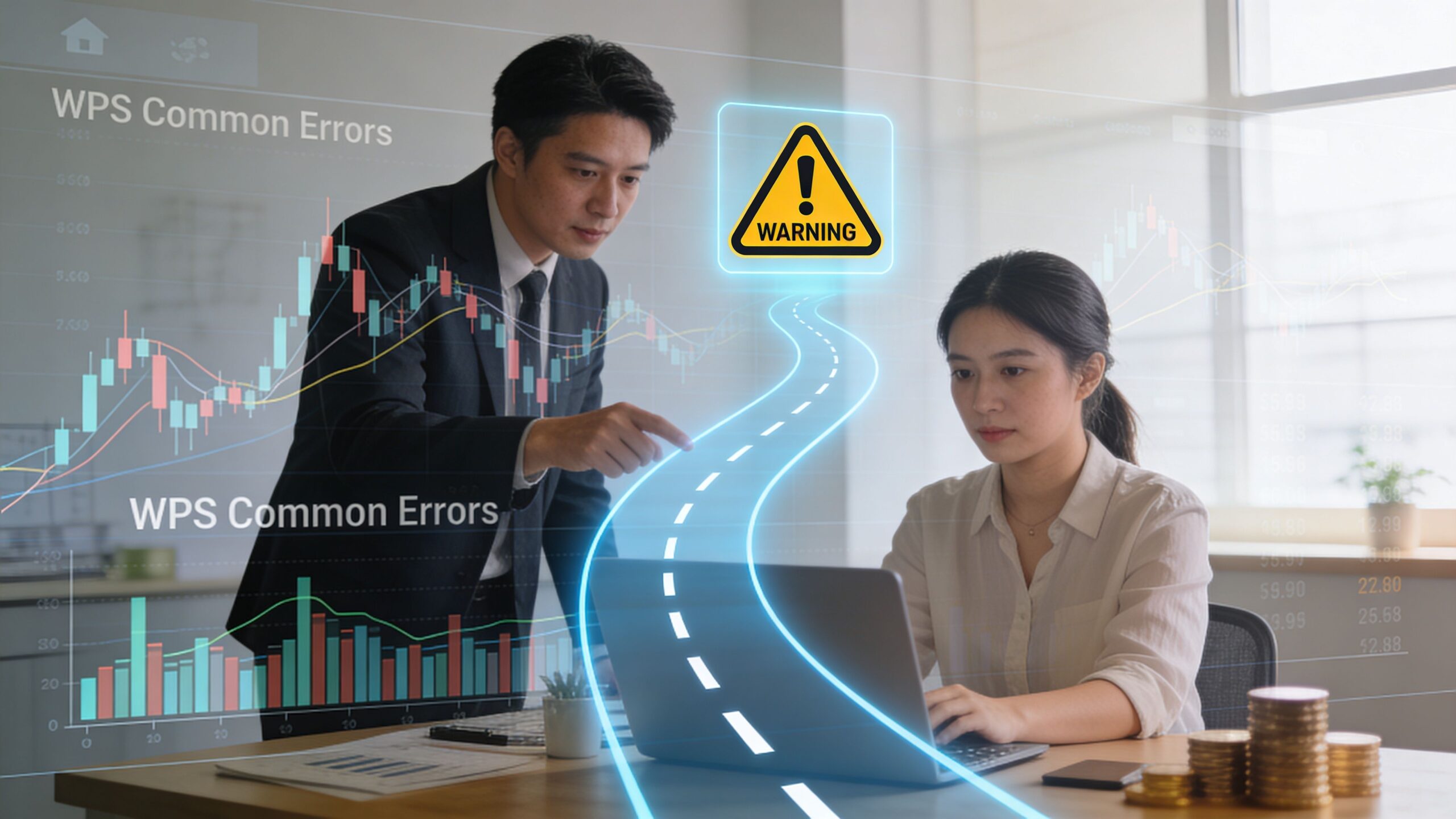 A professional man and woman discussing data analysis, financial charts, and a warning icon on a digital interface.