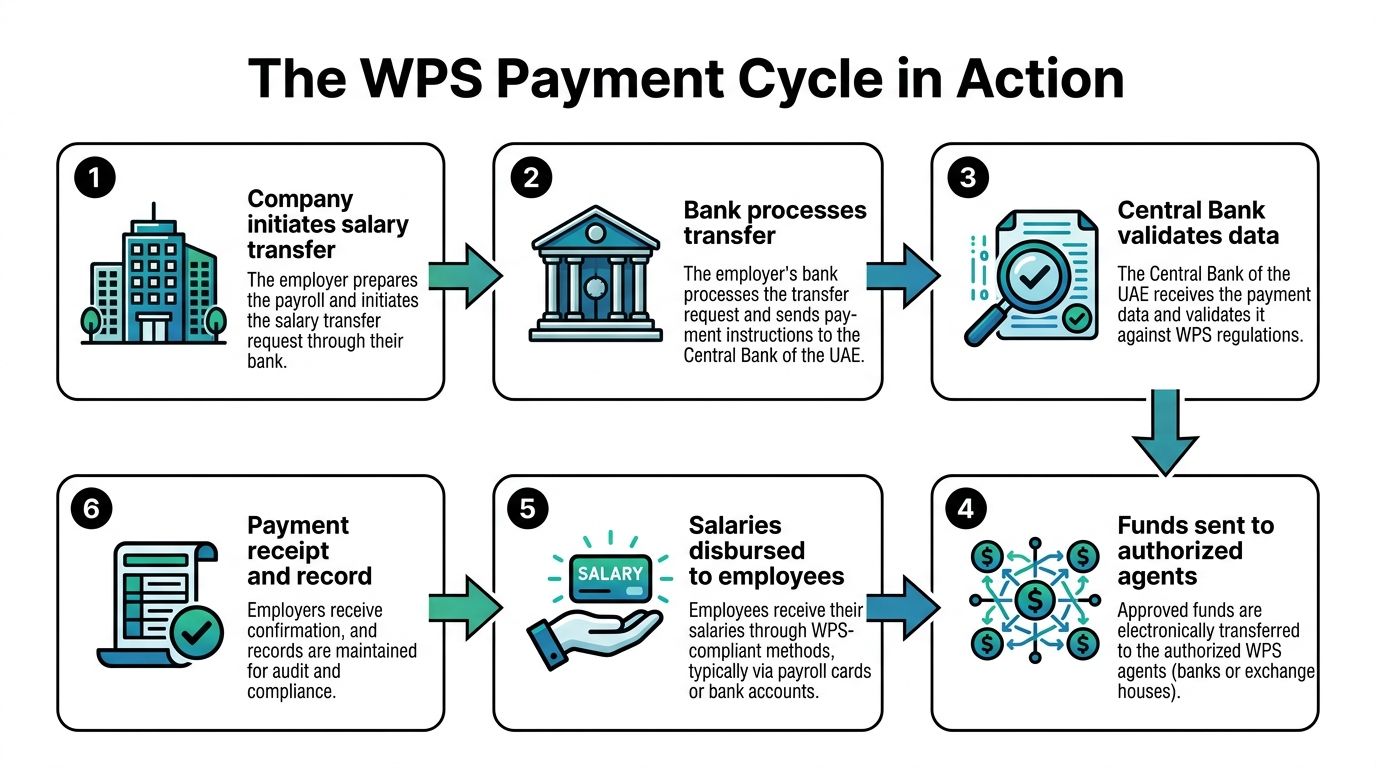 A diagram illustrating the six-step process of the UAE Wage Protection System payment cycle.