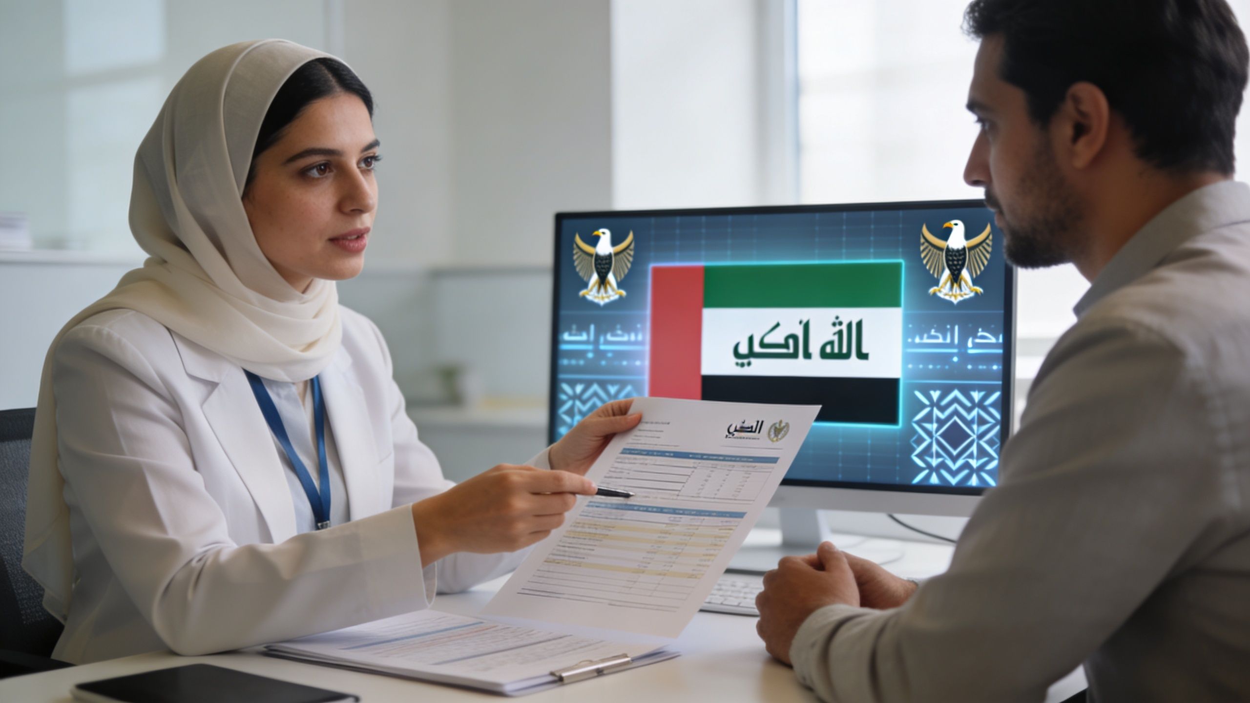 A professional woman in a hijab providing business advisory services to a client in a modern office.