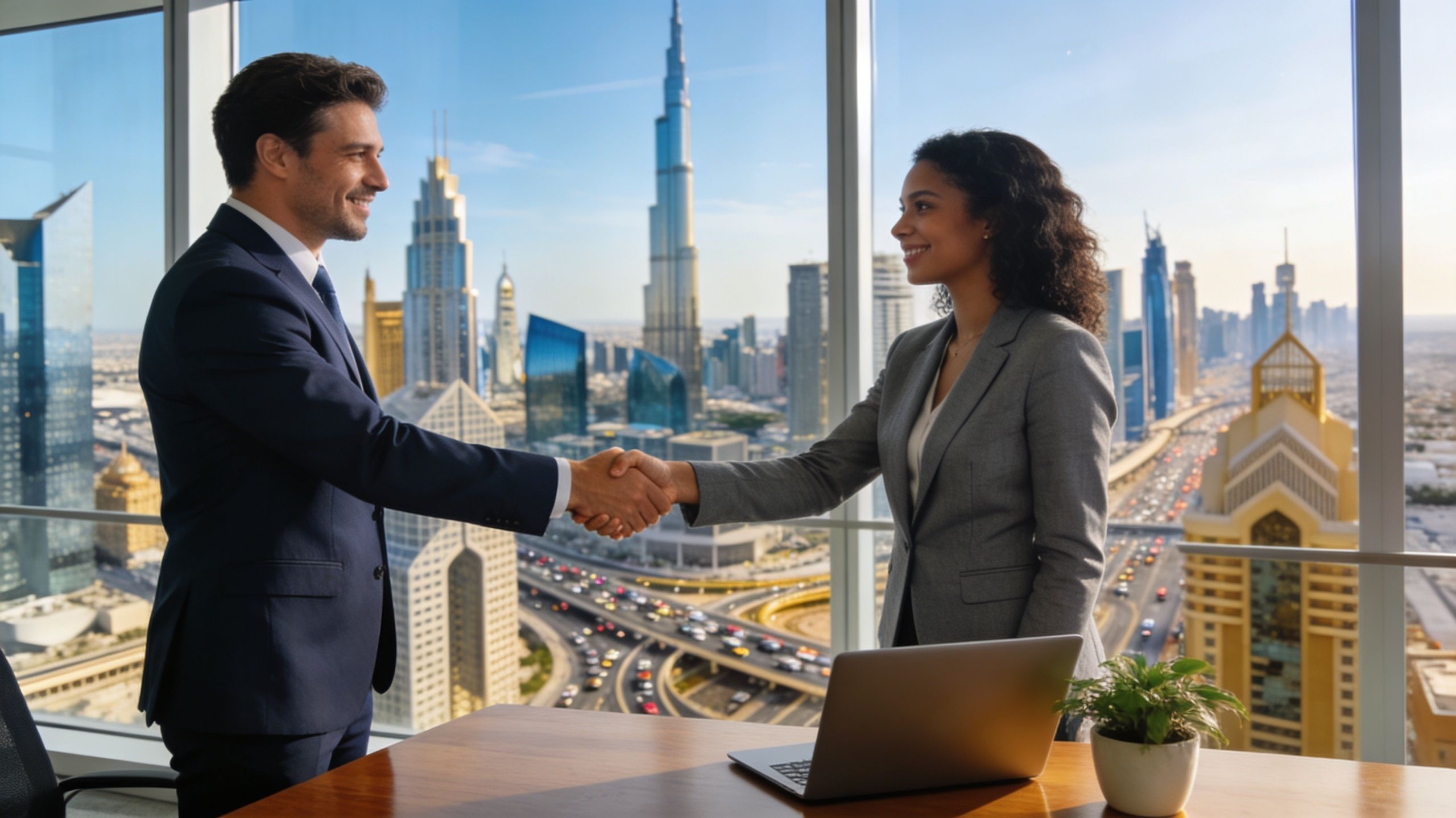 A professional man and woman shaking hands in a high-rise office with a Dubai skyline view.
