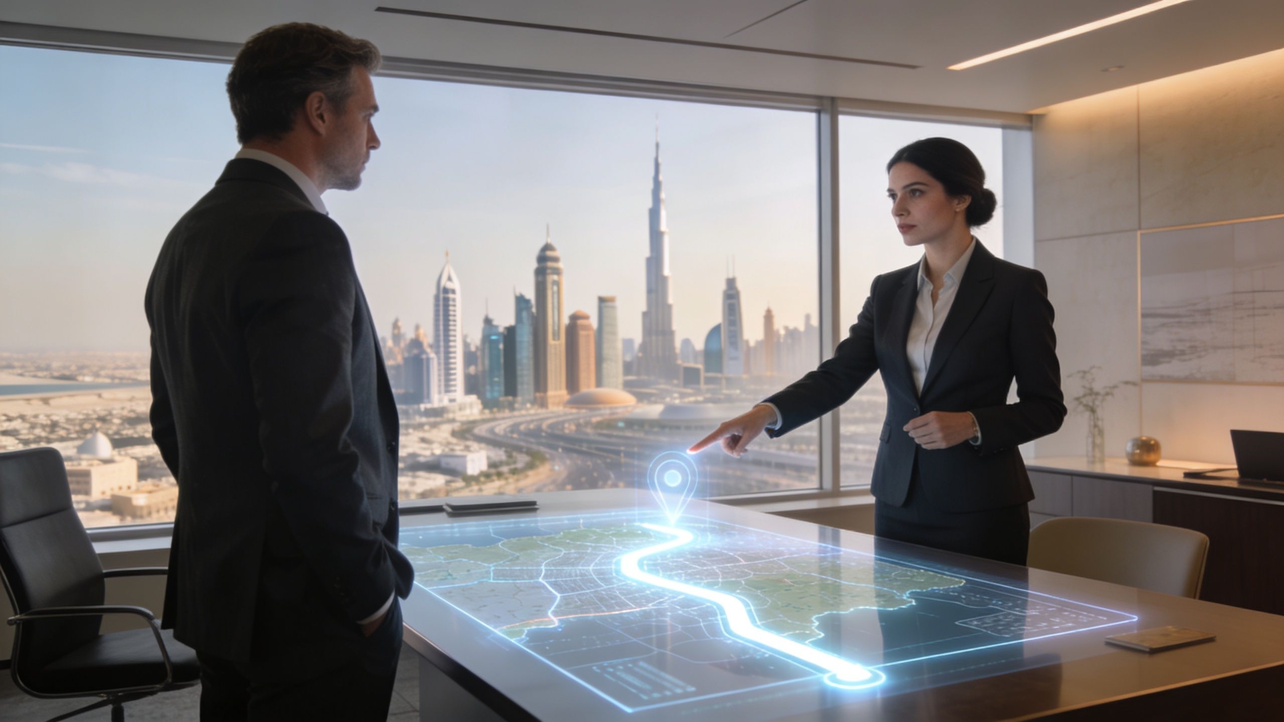 A professional man and woman discussing a holographic map projection of Dubai in a luxury office.