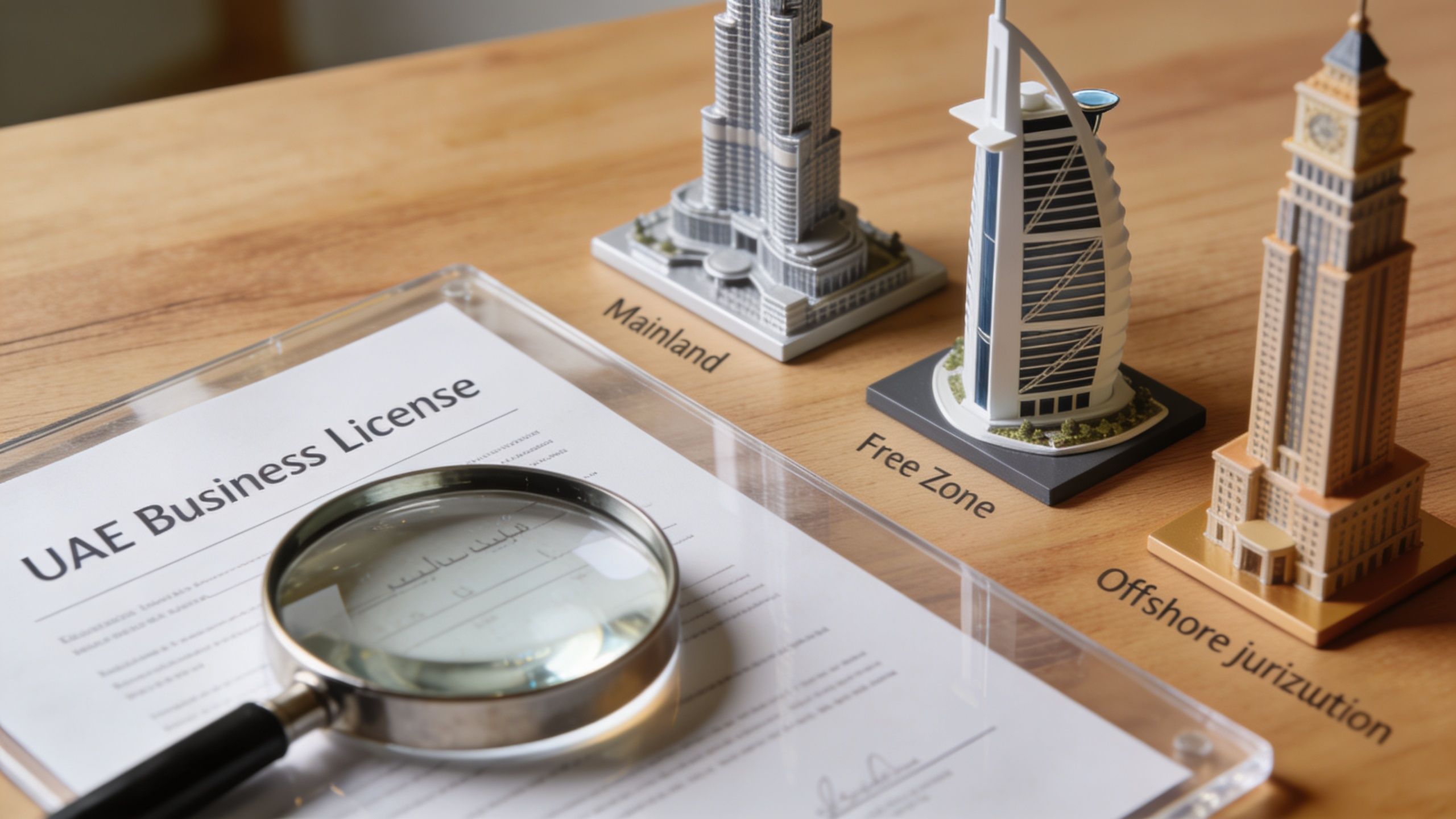 A magnifying glass placed over a UAE business license document beside miniature models representing Mainland, Free Zone, and Offshore jurisdictions.
