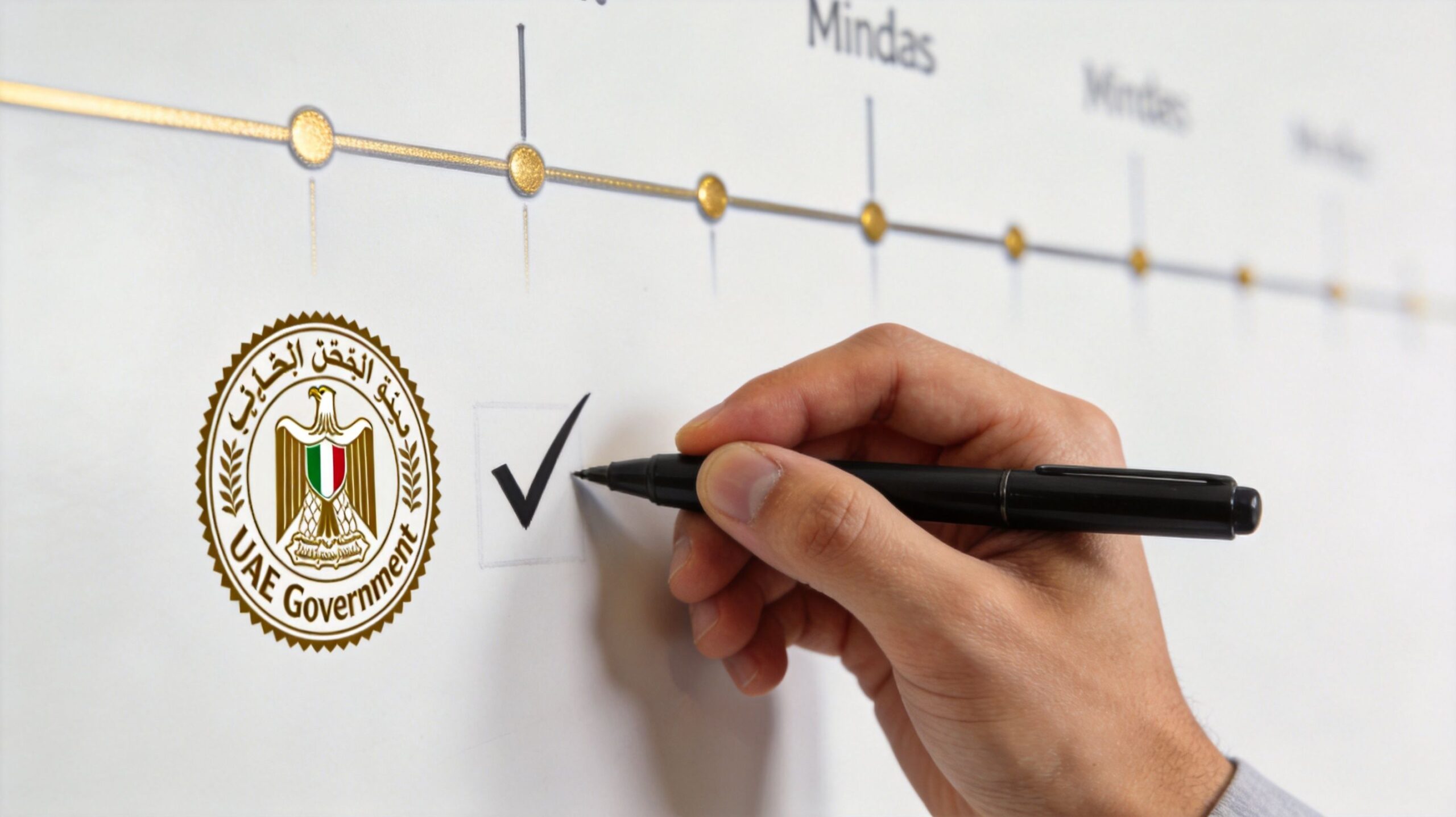 A person marks a check box on a wall chart featuring the United Arab Emirates government emblem.