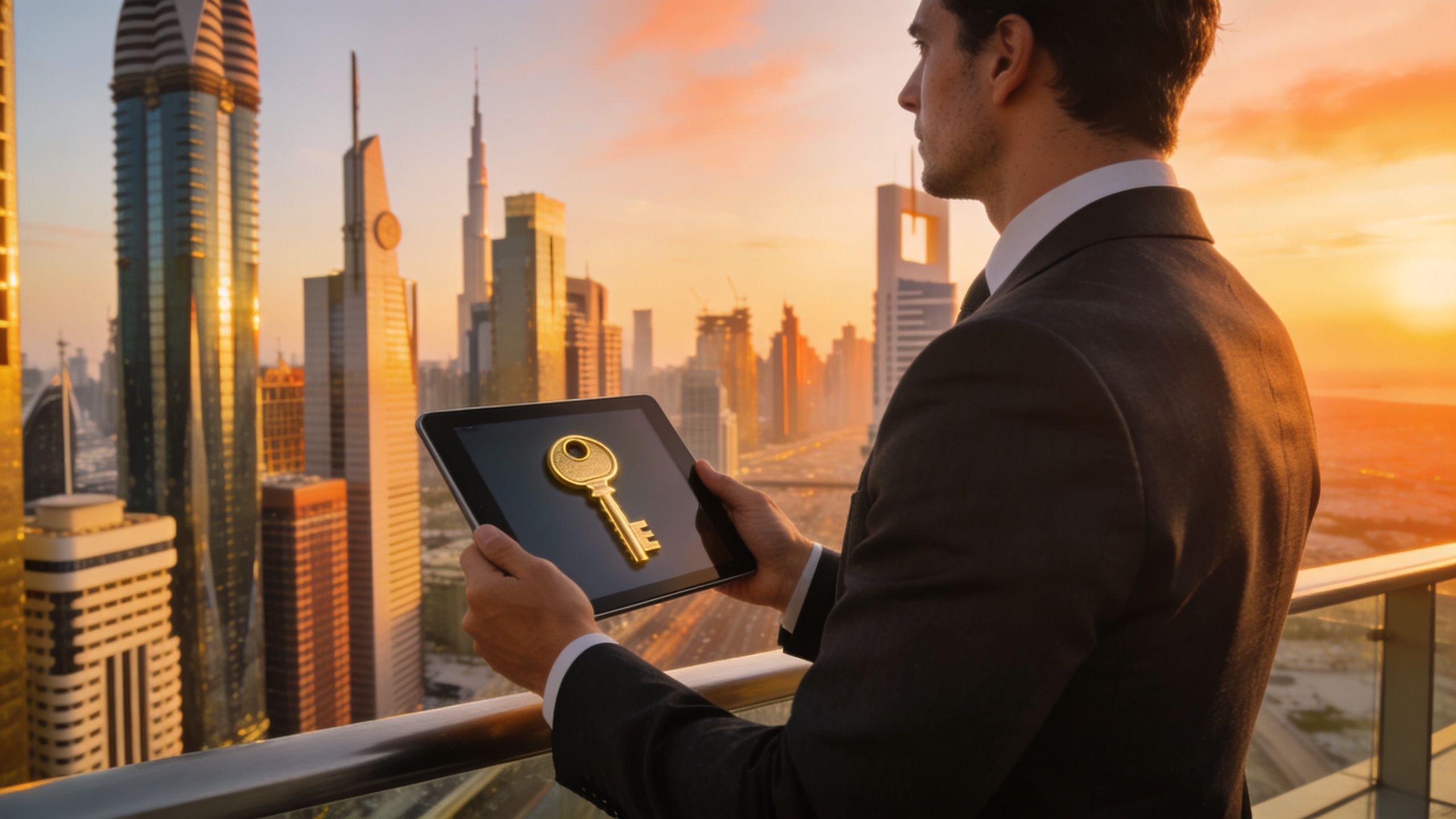 A businessman overlooking the Dubai skyline holds a tablet displaying a golden key icon on its screen.