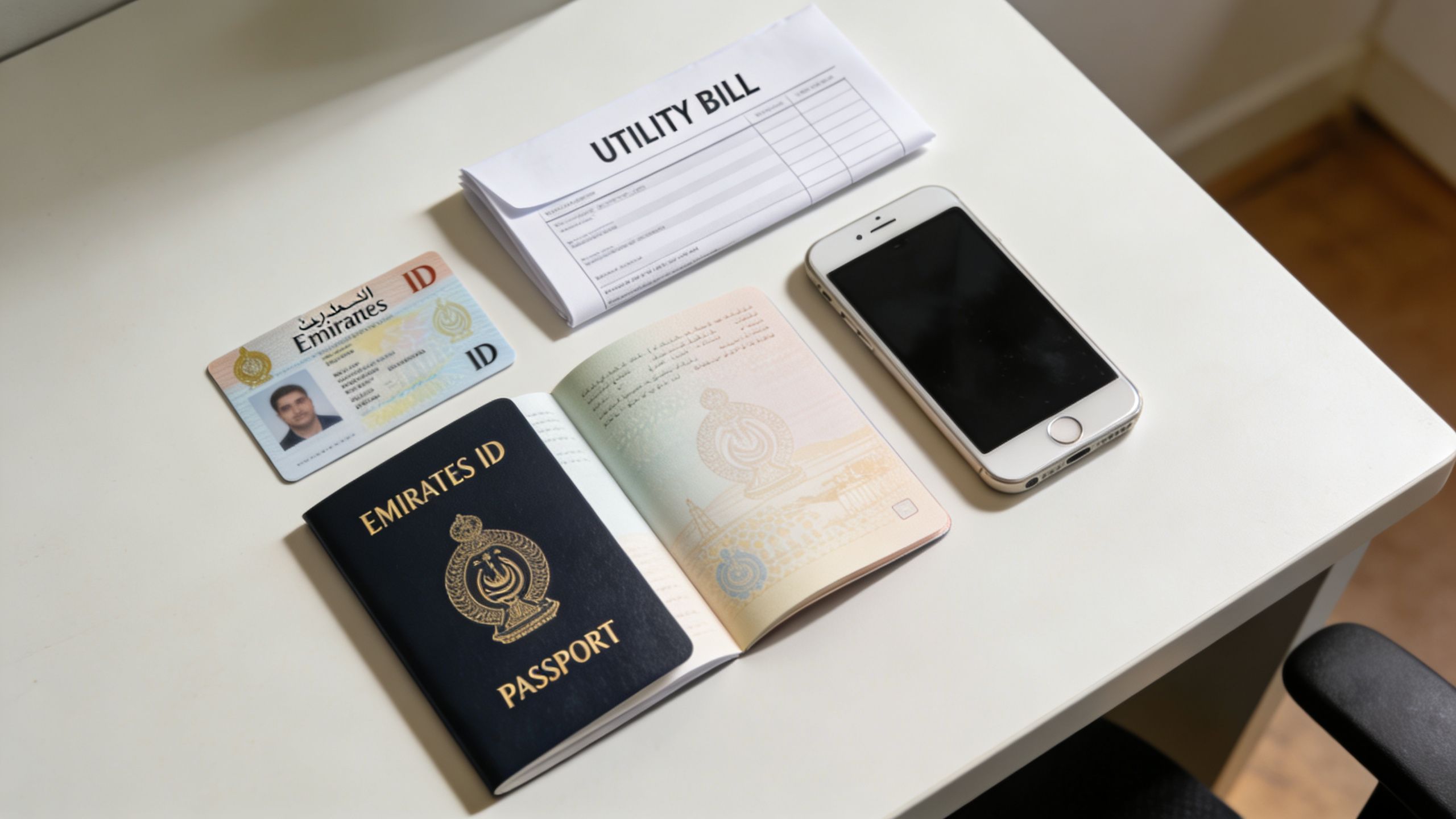 An Emirates ID card, a passport, a utility bill, and a smartphone arranged on a desk.