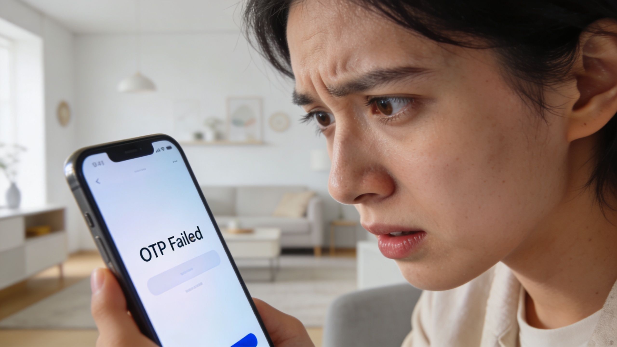 A person looking at a smartphone screen displaying an OTP Failed error message with a worried expression.