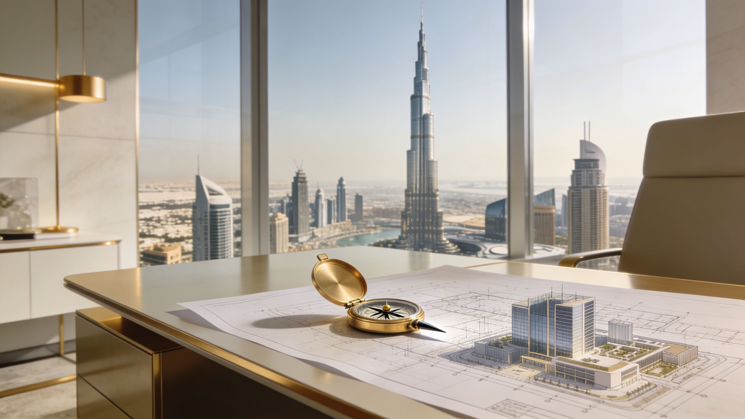 A sophisticated modern office desk with architectural blueprints and a compass overlooking the Dubai skyline.