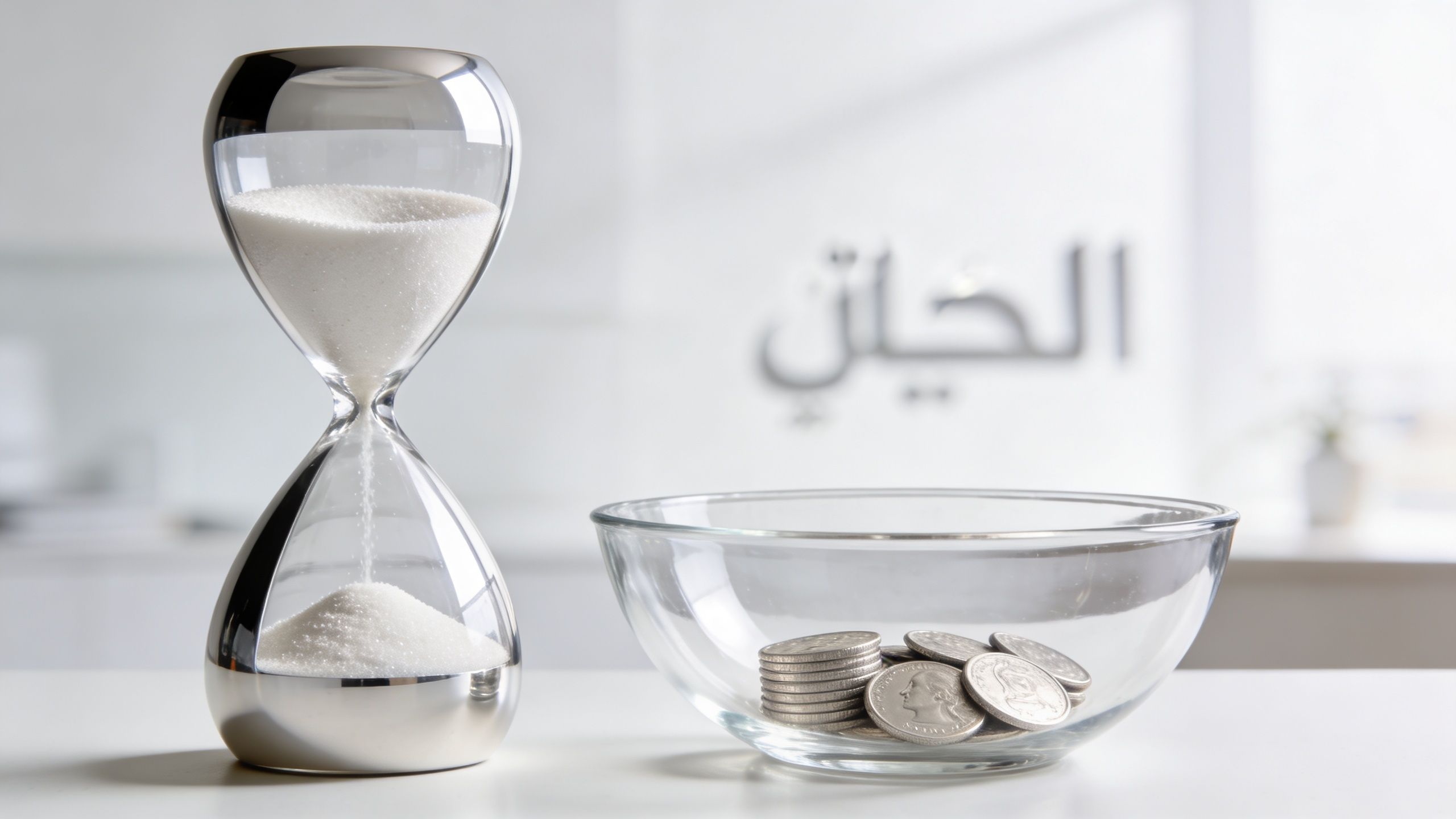 A silver hourglass and a glass bowl with coins on a white surface with Arabic calligraphy.