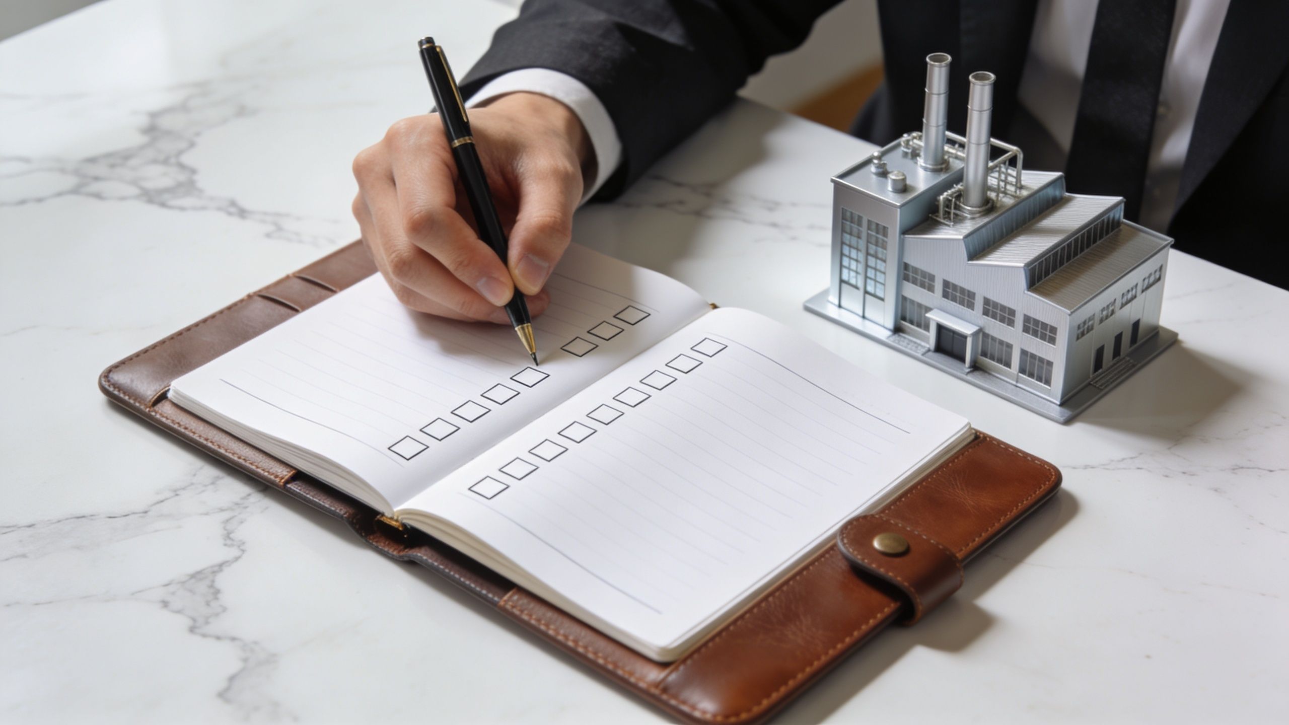 A person in a business suit writing on a checklist next to a miniature factory model.